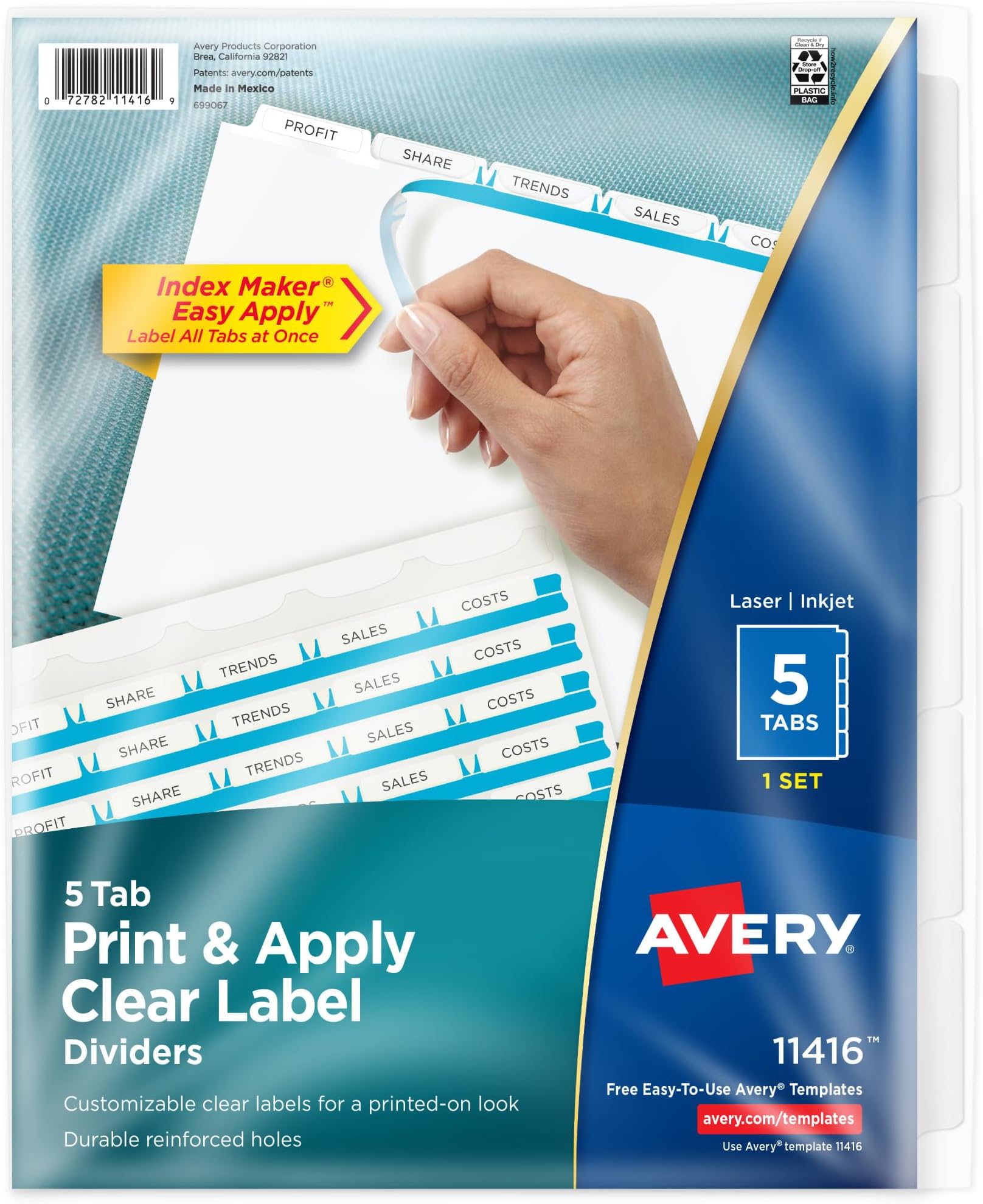 Avery 5 Tab Dividers for 3 Ring Binder, Easy Print & Apply Clear Label Strip, Index Maker Customizable White Tabs, 1 Set (11416)