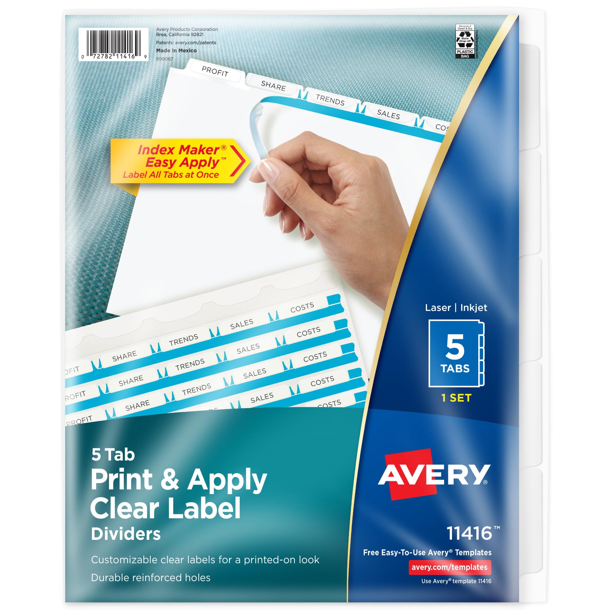 Avery 5 Tab Dividers for 3 Ring Binder, Easy Print & Apply Clear Label Strip, Index Maker Customizable White Tabs, 1 Set (11416)