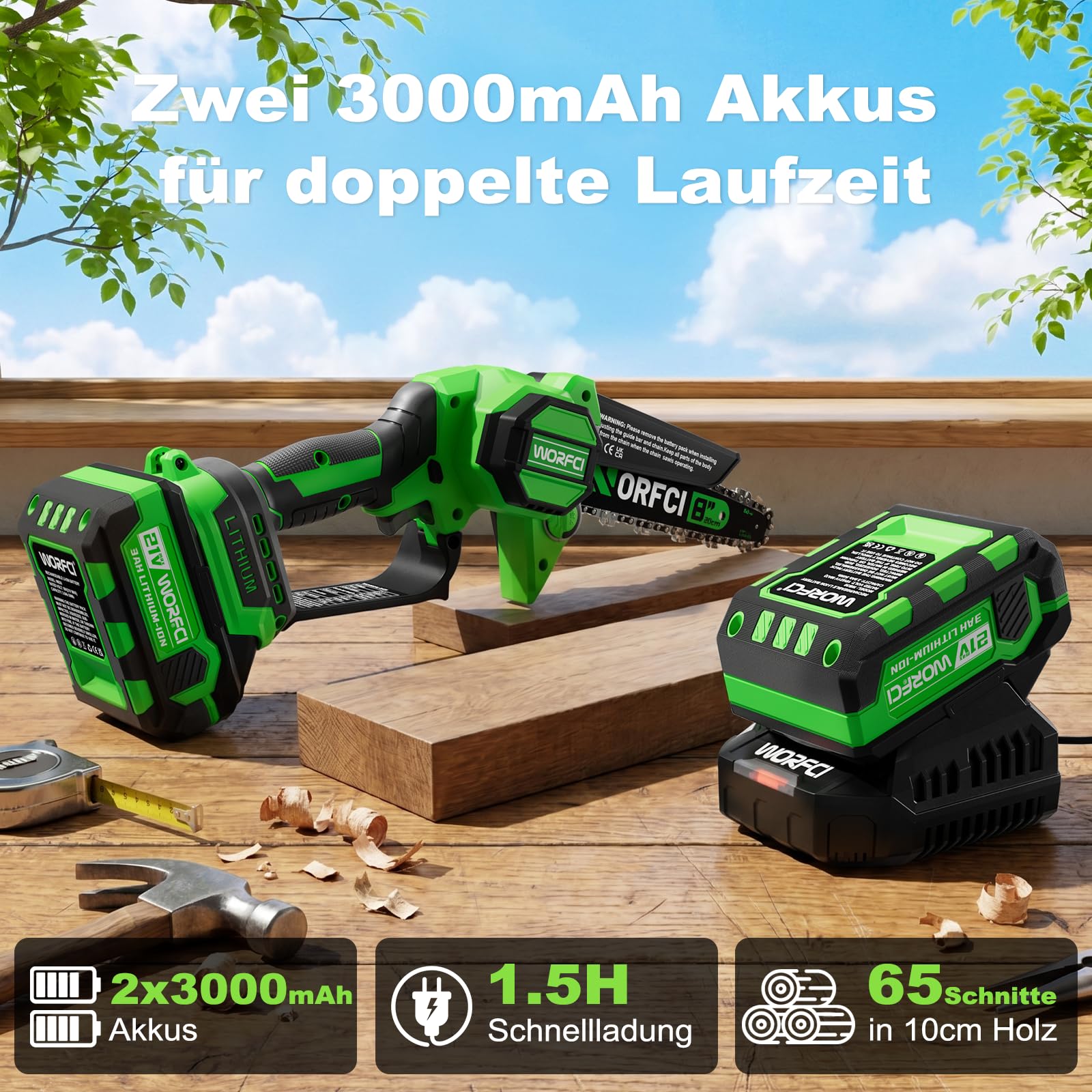 Mini 8-Zoll Akku-Kettensäge, 2 Akkus & Ladegerät, Bürstenlose Elektro Astsäge mit Automatischem Öler, Gartengerät zum Beschneiden von Holz und Bäumen