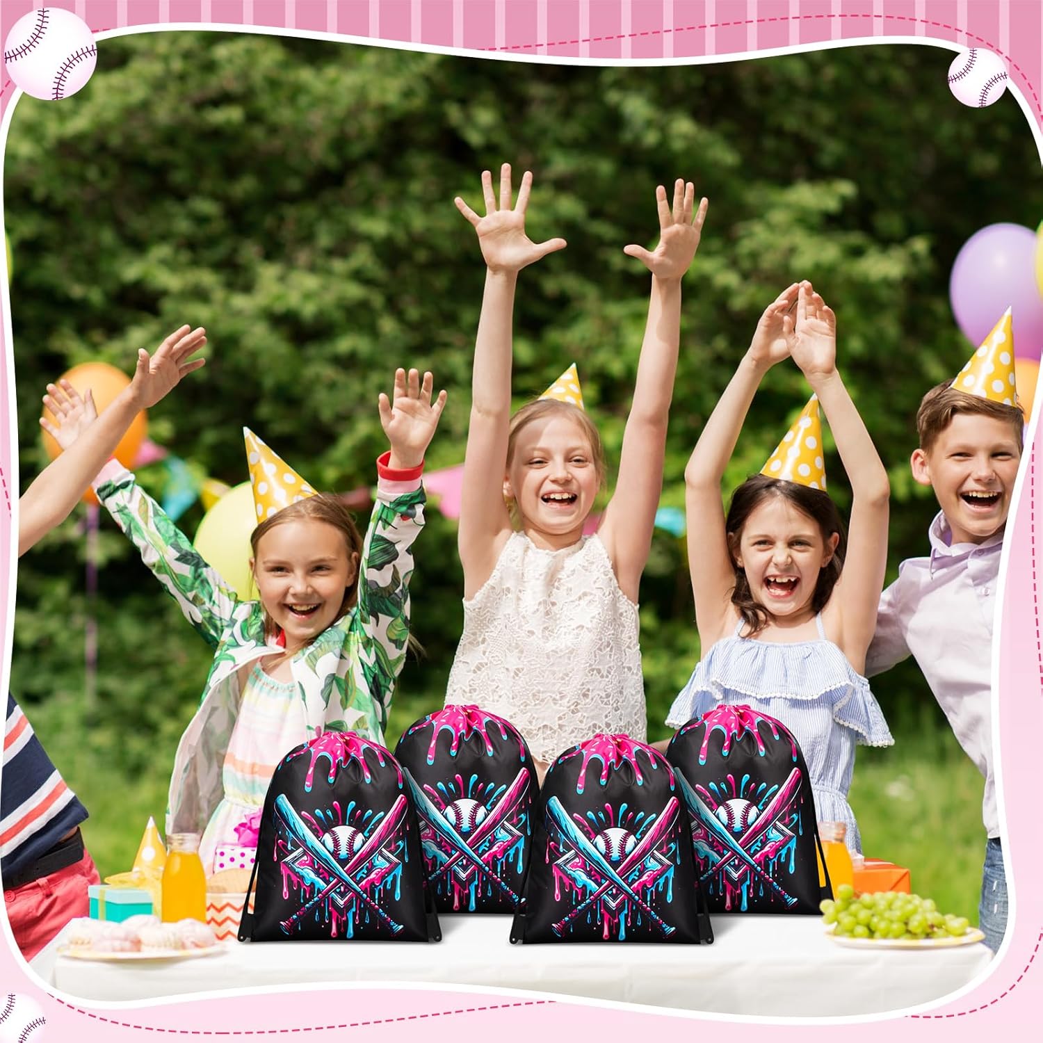 Sunnymove 12 Pcs Ice Cream Drip Baseball Drawstring Bag Sport Party Goodie Favor Baseball Gifts Bag Candy Treat Sackpack Goodie Favor for Sport Teams Birthday Theme Party Supplies (Black Ice Cream) - Image 6