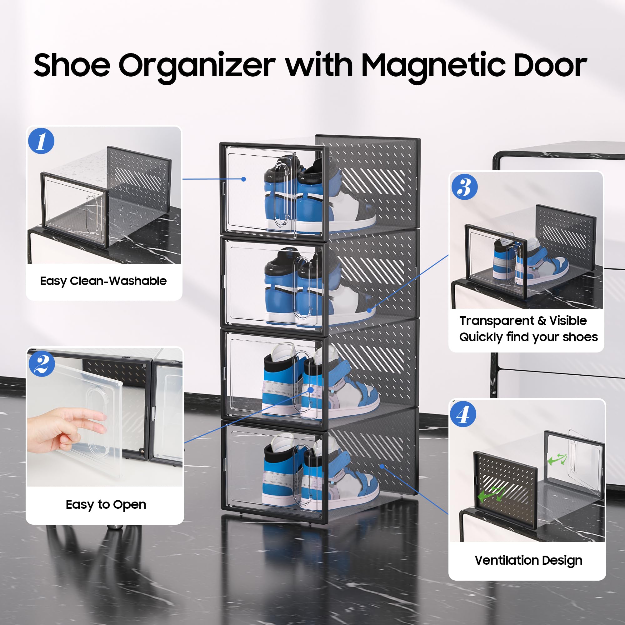 EWONLIFE Grande scatola portaoggetti per scarpe con porta magnetica, confezione da 12 pezzi, in plastica trasparente, impilabile, per armadio, scarpiera, contenitori per scarpe da ginnastica,