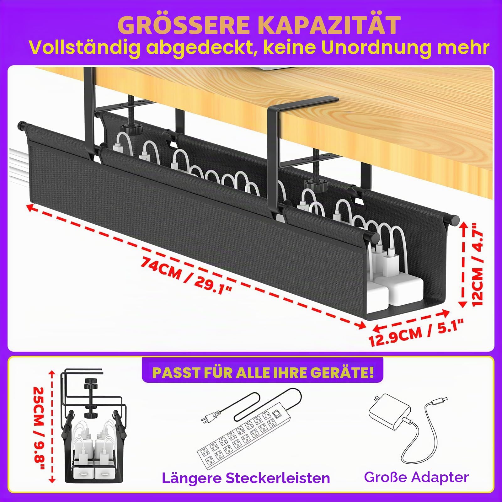 REFLYING Unter Dem Kabelkanal Schreibtisch, 74cm Cable Management Ohne Bohrung, Robuster und Flexibler Kabelmanagement, Geeignet für Büro, Zuhause und Andere Orte, Schwarz