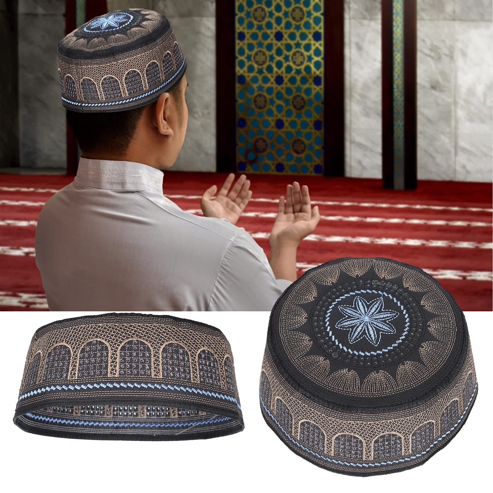 Męski kapelusz muzułmański haft trupia czaszka czapka kapelusz arabski oman tureckie nakrycie głowy Beanie Ramadan Eid prezent, czarny