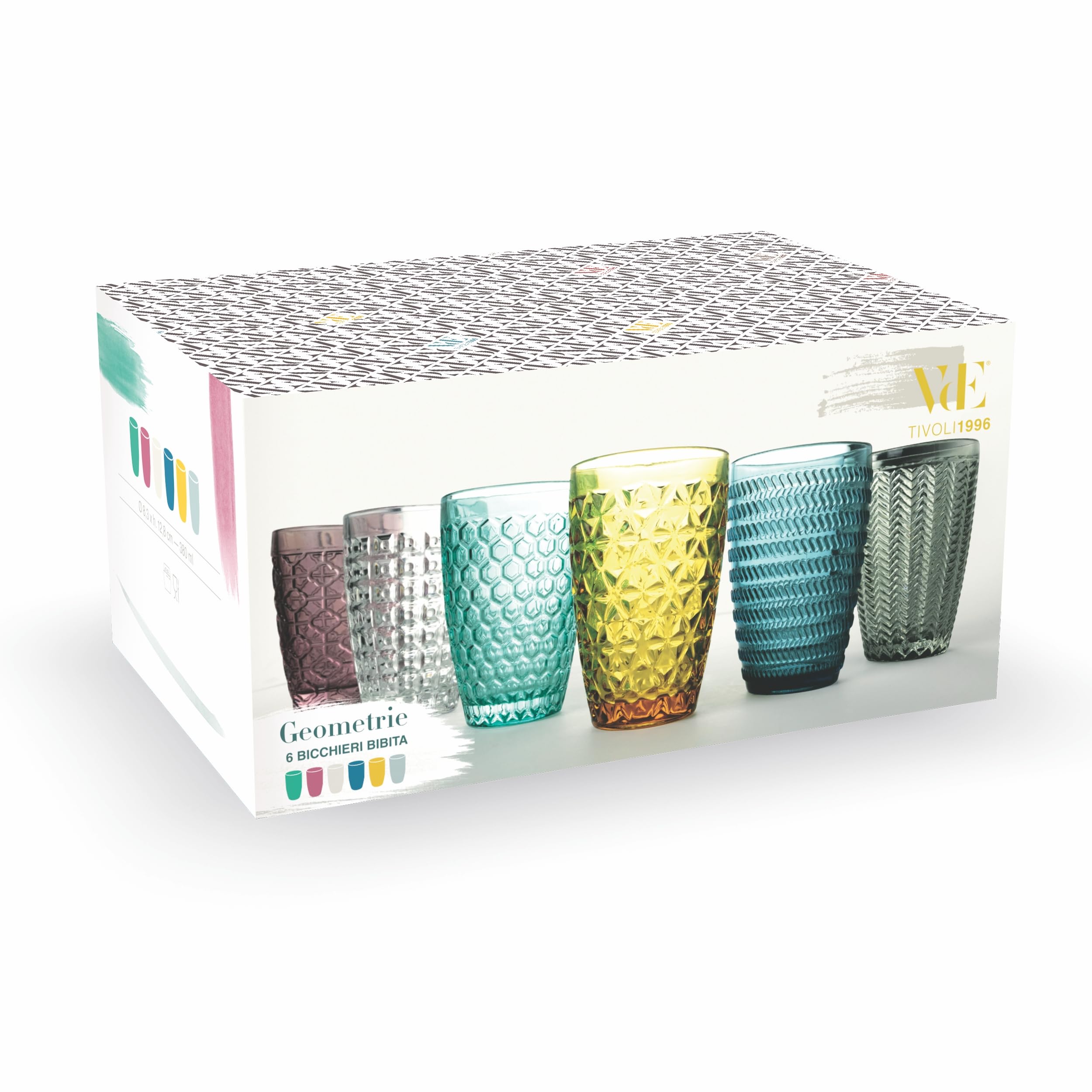 Villa d'Este Home Tivoli - Zestaw 6 szklanek szklanych - Geometria Line - Pojemność 380 ml