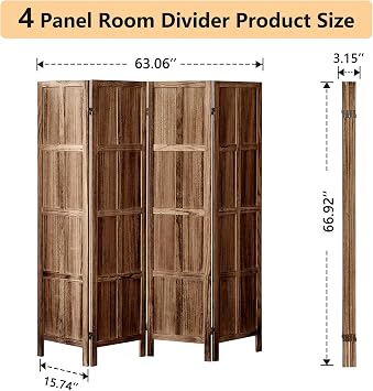 4 Panel Wooden Room Divider, 5.6 FT Tall Room Divider Wall, Brown | Wooden Folding Privacy Screen, 4 Panel Room Partition for Apartments, Bedrooms, Small Spaces, No Assembly, Easy Storage