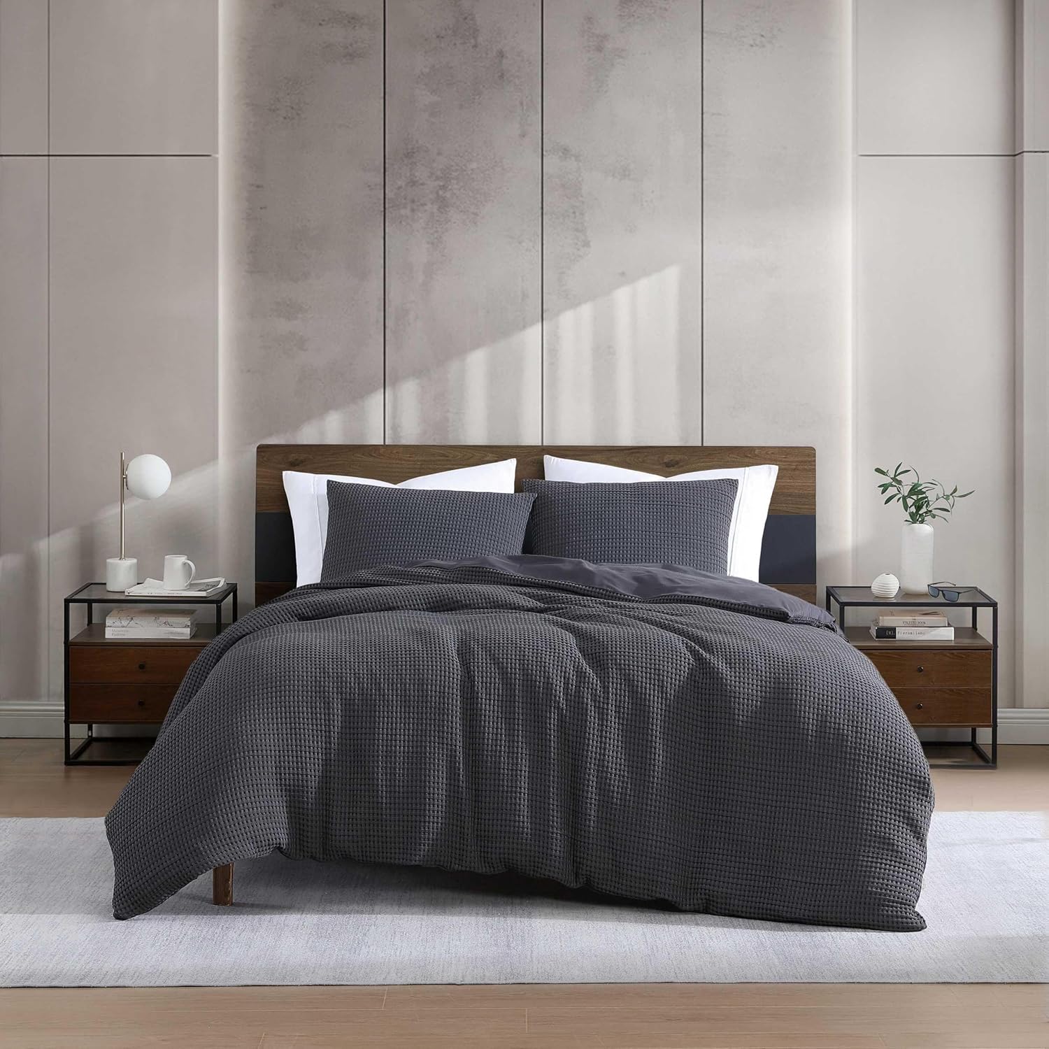 Kenneth Cole - Duvet Cover King Size, Ultra-Soft Waffle Textured Bedding w/Matching Pillowcases, Reversible 3 Piece Bed Sets (Solid Grey)