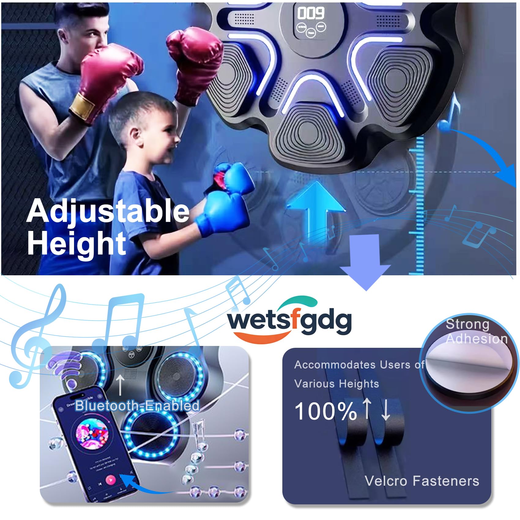 Music Boxing Machine Adulti e Bambini,Macchina da Boxe Musicale da Muro con Bluetooth,9 modalità di velocità e Conteggio,Luci LED,Altezza di Montaggio Regolabile,Ricaricabile
