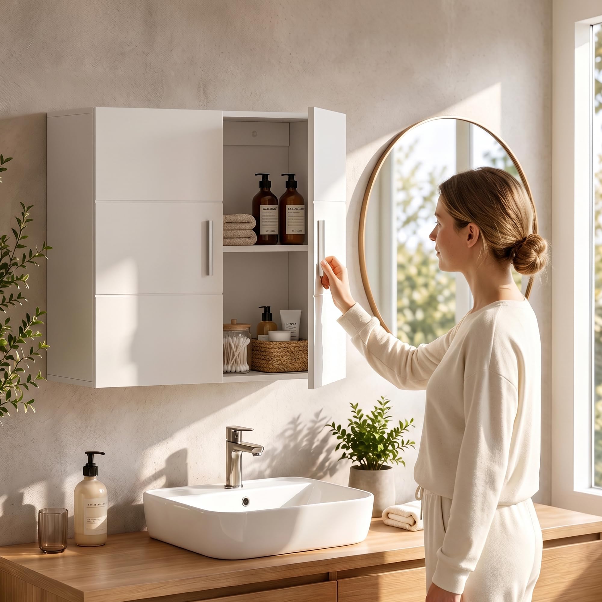 APICIZON Pensile Bagno 2 Ante, 60 × 31 × 60 cm, Bianco | Mobile bagno sospeso con ripiano interno regolabile, armadietto da parete per bagno, cucina, lavanderia o WC