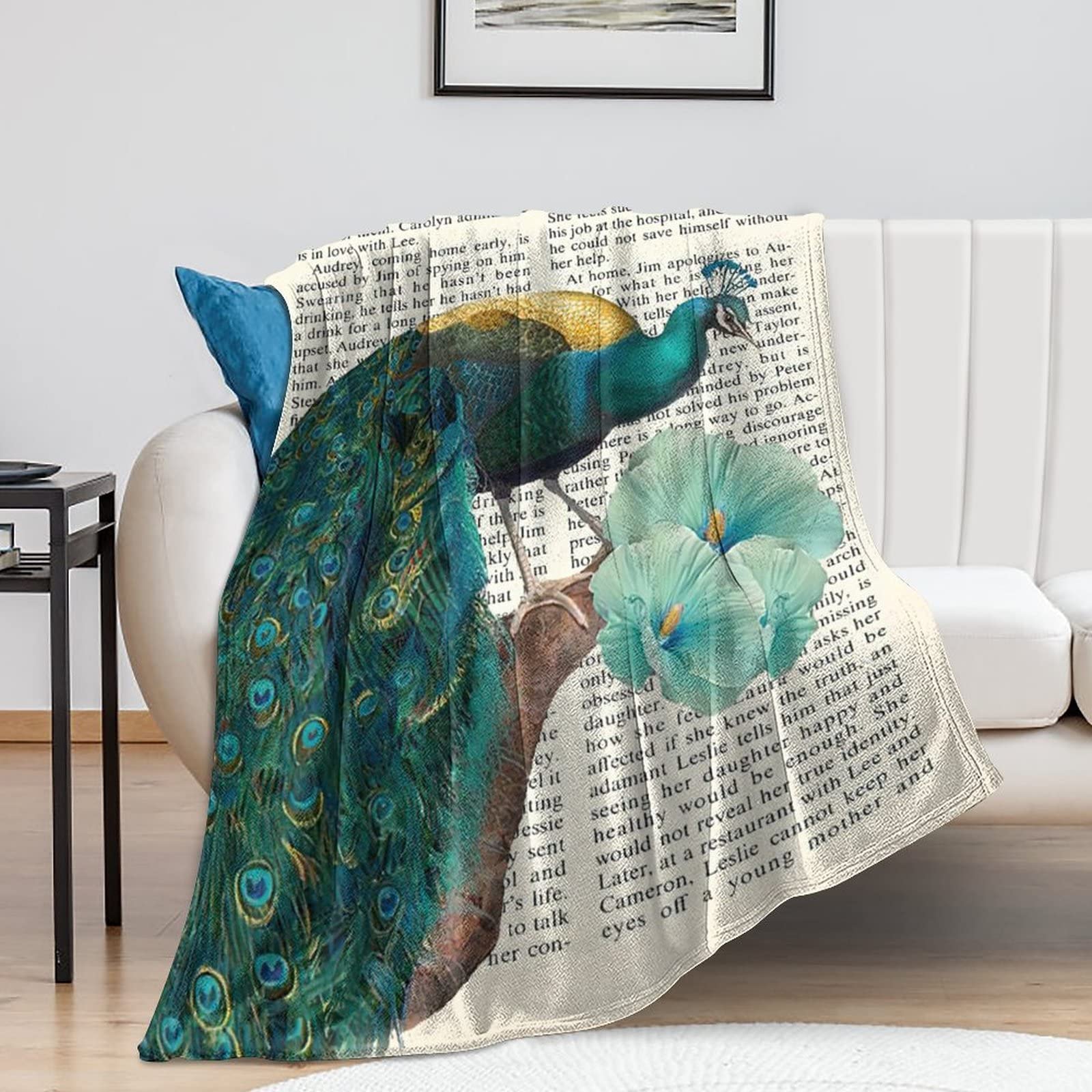 Couverture en flanelle chic rétro paon plaid peluche chaude hiver canapé lit