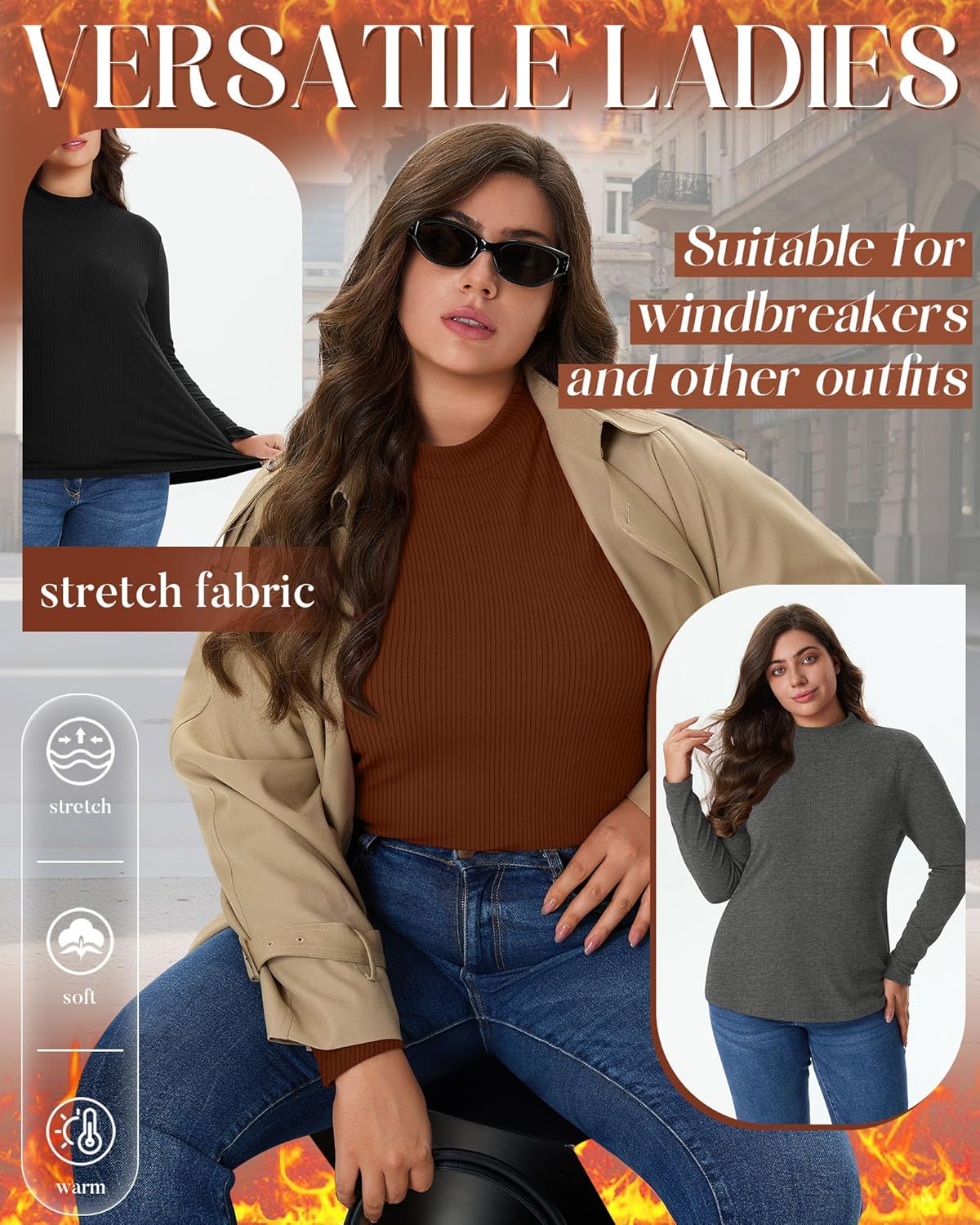 4 Pack Women's Plus Size Mock Turtleneck Tops Thermal Fleece Ribbed Long Sleeve Cotton Fitted Shirts Layer Sweater - Image 5