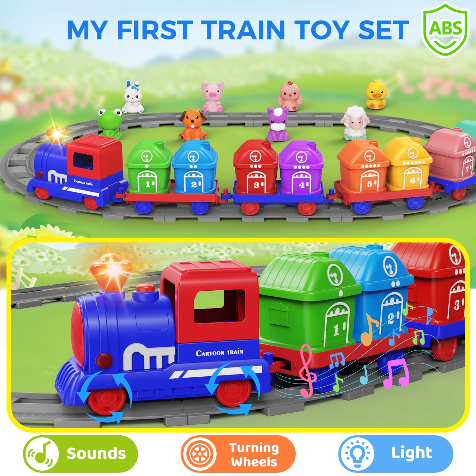 Juego de trenes para niños pequeños de 1, 2, 3, 4 años, juego de tren eléctrico Montessori con actividades de conteo de emparejamiento y clasificación con animales de granja, marionetas de dedo 7