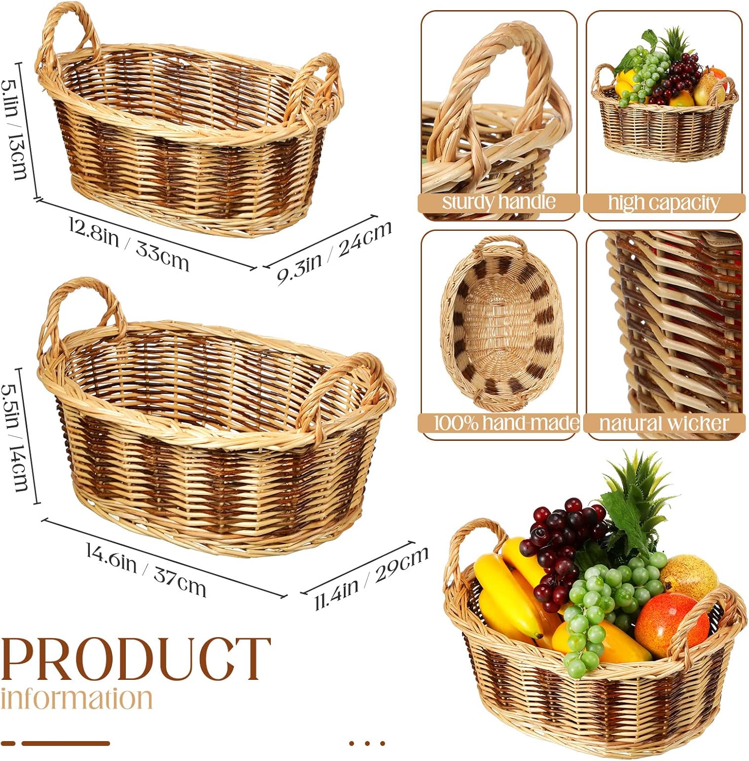 Maitys 2 Sets Basket for Gifts Empty Bulk Large Woven Wicker Empty Gift Baskets with Handles Clear Cellophane Wrap Kraft Cards Pull Bows to Fill for Baby Shower Birthday Wedding Christmas Housewarming