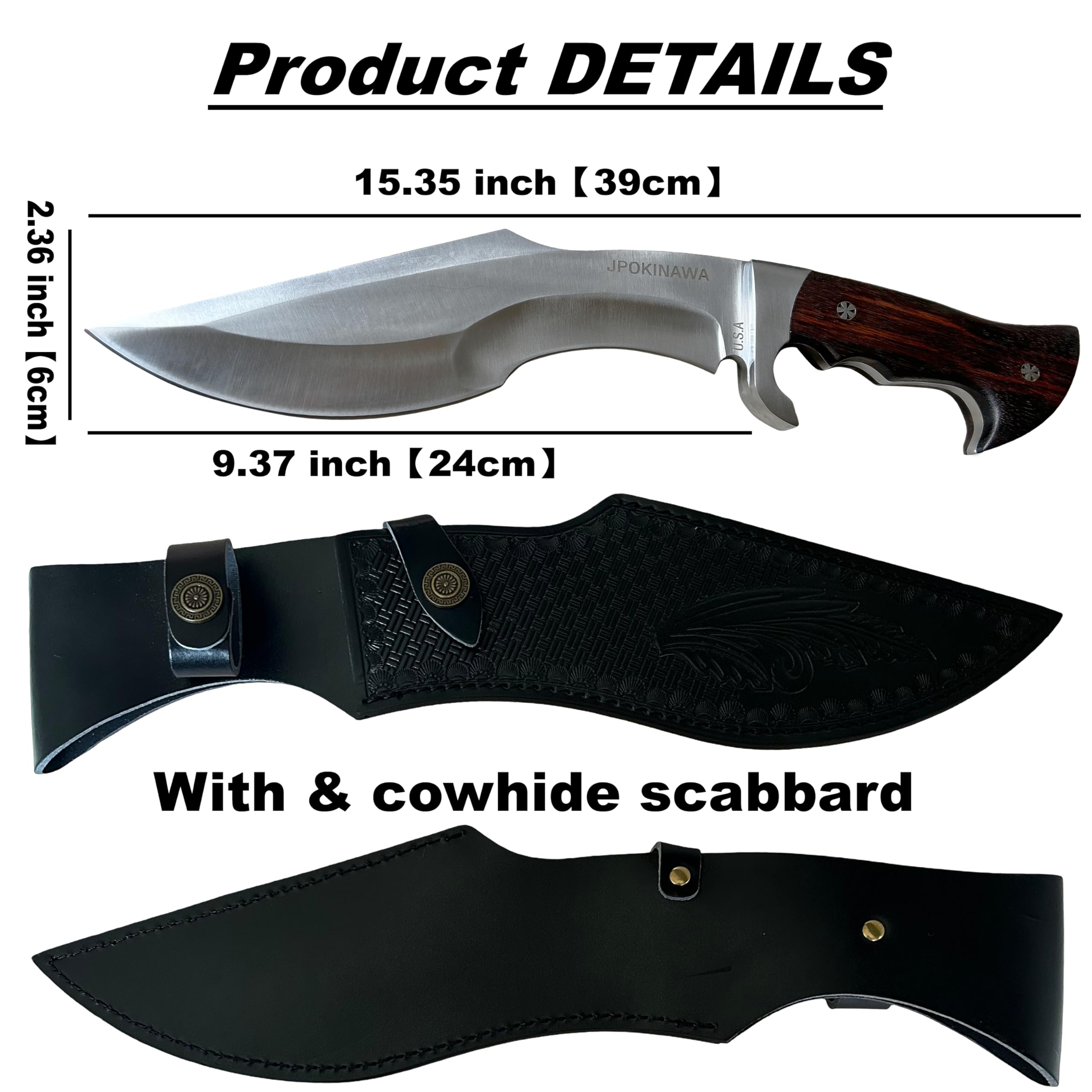 39cm【Messergewicht 770g schwer】 Nepalesisches Kukri – Klinge aus 60HRC Kohlenstoffstahl mit durchgehendem Erl, Griff aus Ebenholz, Scheide aus Rindsleder