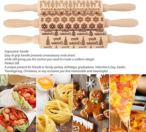 Miniatura 5 de Rodillo de Navidad de 3 piezas, lindo rodillo grabado en relieve, equipo de hornear decorativo para hornear pasteles temáticos de Navidad