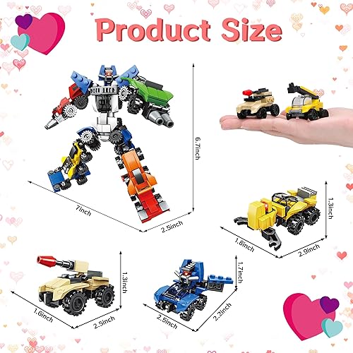 Miniatura 7 de Juguetes de bloques de construcción para el día de San Valentín, 24 vehículos, robots, bloques de construcción con 24 tarjetas a granel, vehículos