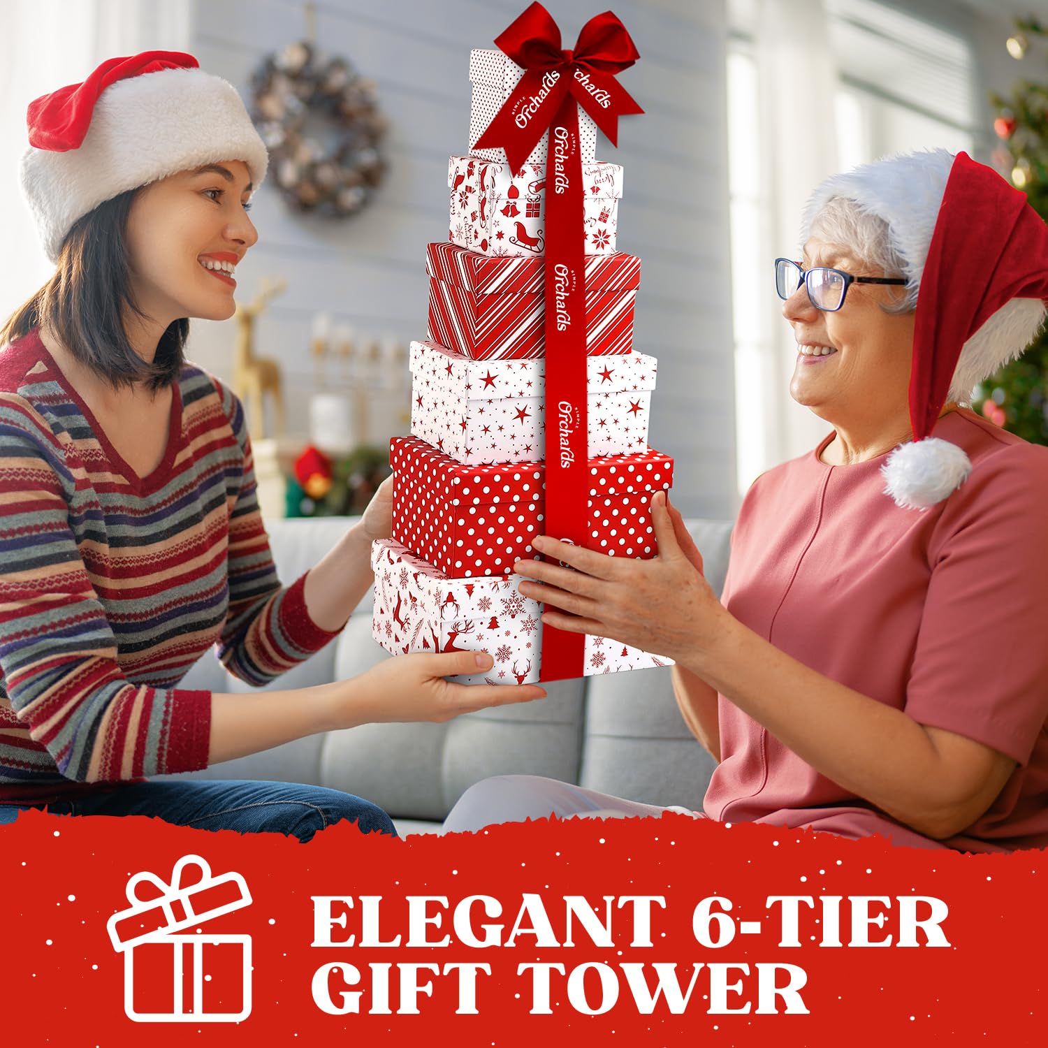 Gift Basket Tower with Fresh Nuts & Snacks, Gourmet Cravings Indulgence - 6 Tier Food Basket Gift Set, Great Gift Present for Men & Women.