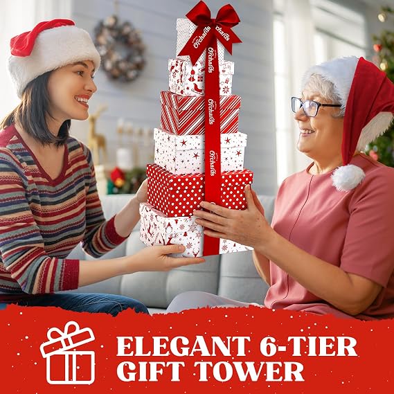 Gift Basket Tower with Fresh Nuts & Snacks, Gourmet Cravings Indulgence - 6 Tier Food Basket Gift Set, Great Gift Present for Men & Women.