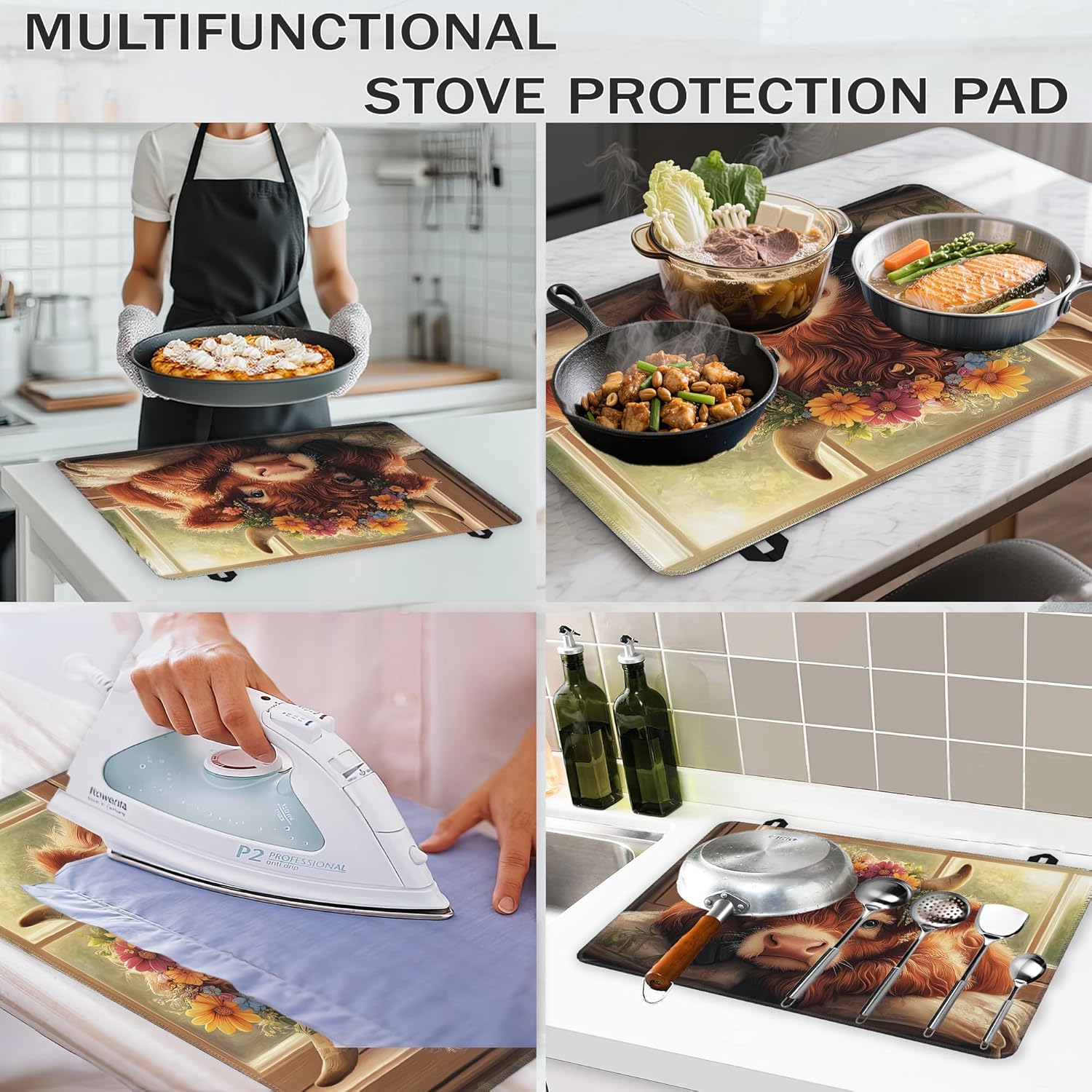 Cute Highland Cow Glass Top Stove Cover Protector,Rustic Flower Heat Resistant Stove Top Cover, Large Size Range Covers for Electric Stove Countertop Mat, 28 x 20 Inch