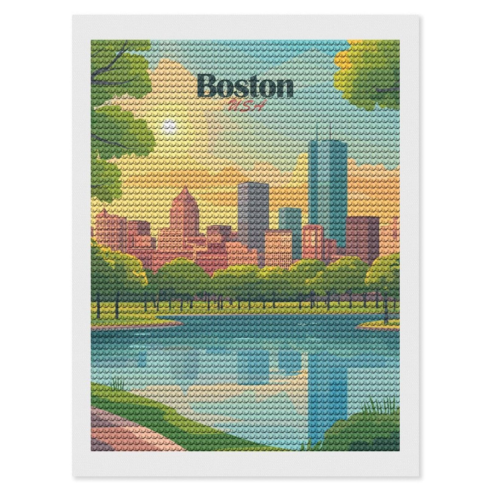 Junmoney Boston USA Cityscape Illustration(2) Diamond Art Canvas 12"x16", Easy Handmade Project, Complete Accessories, Bedroom Decor, Birthday Gift