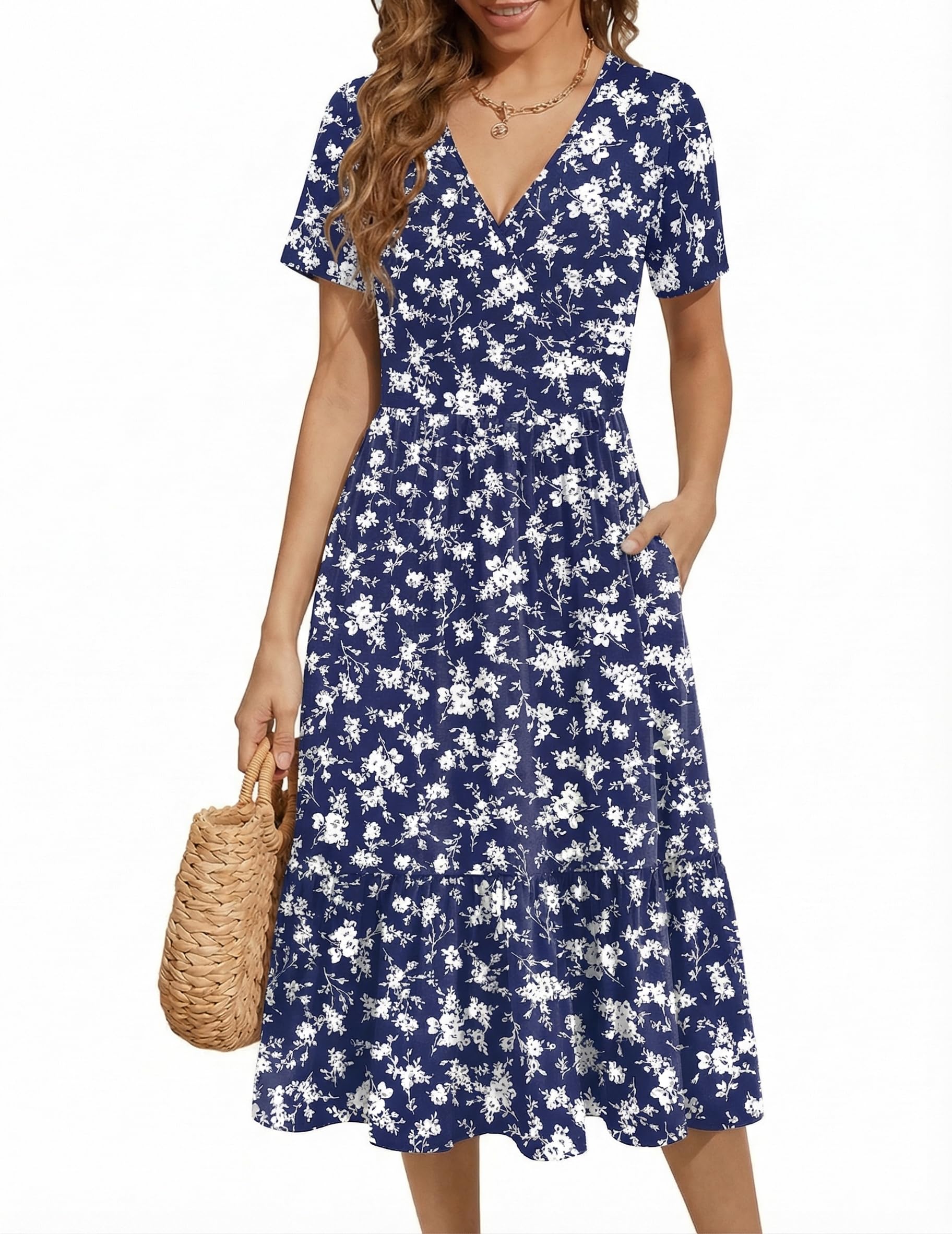 Zeagoo Kleider Damen Sommer Kleid V-Ausschnitt Blumen Sommerkleid Casual Kurzarm Midikleid A Line Strandkleid mit Taschen