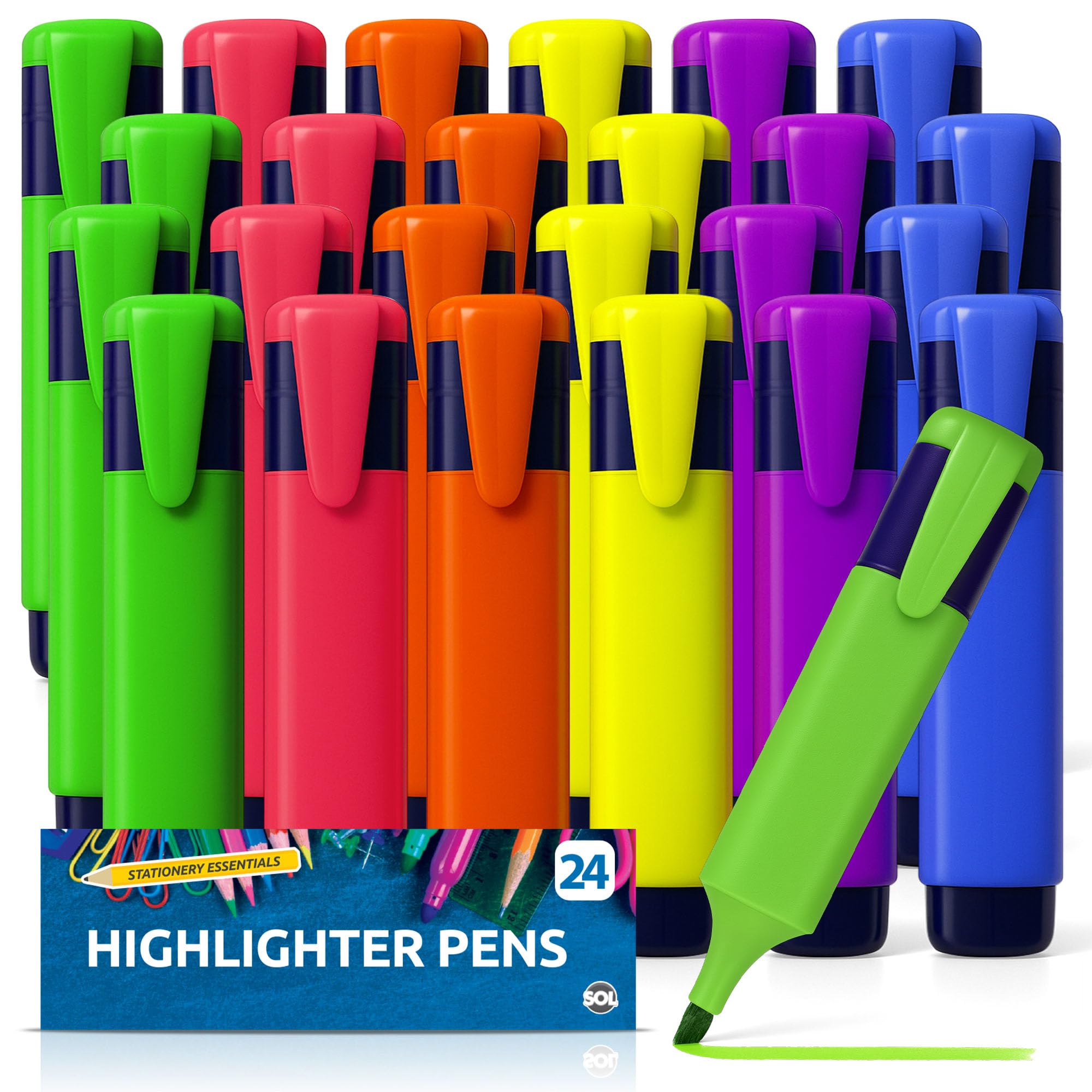 SOL 24pk Highlighter Pens for Creative Projects, Bright Fluorescent Ink Highlighters Marker Pens for Office & Study Use, Non-Bleed & Quick Drying Ideal for Planners, Diaries & Highlighting Key Points