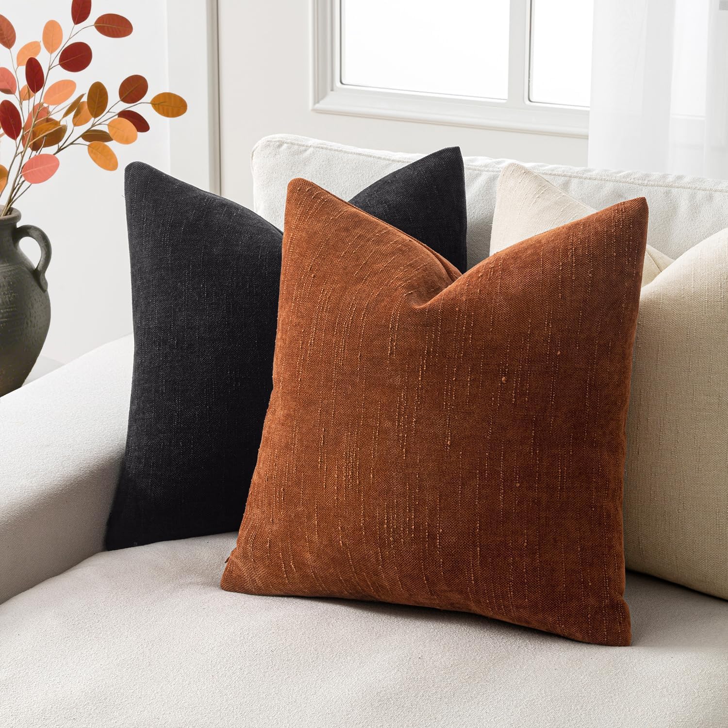 Woaboy Textured Throw Pillow Covers Decorative Soft Accent Chenille Pillows Neutral Farmhouse Cushions Modern Home Decor for Couch Sofa Bedroom Living Room 20x20 Inch Set of 2,Brown Rust - Image 3