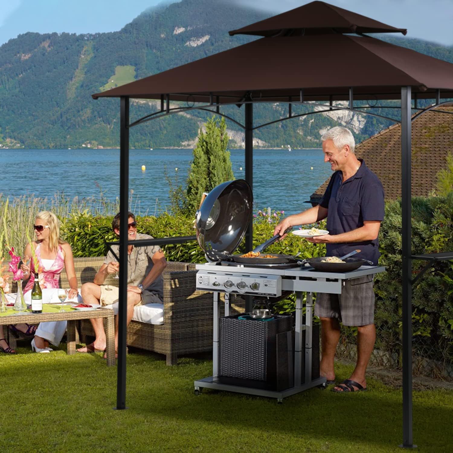 Canopy Tent, 8'x 5' Party Tent BBQ Grill Gazebo Sun Shade Double Tiered Canopy with Glass Shelves and Hooks for Outdoor Patio (Brown)