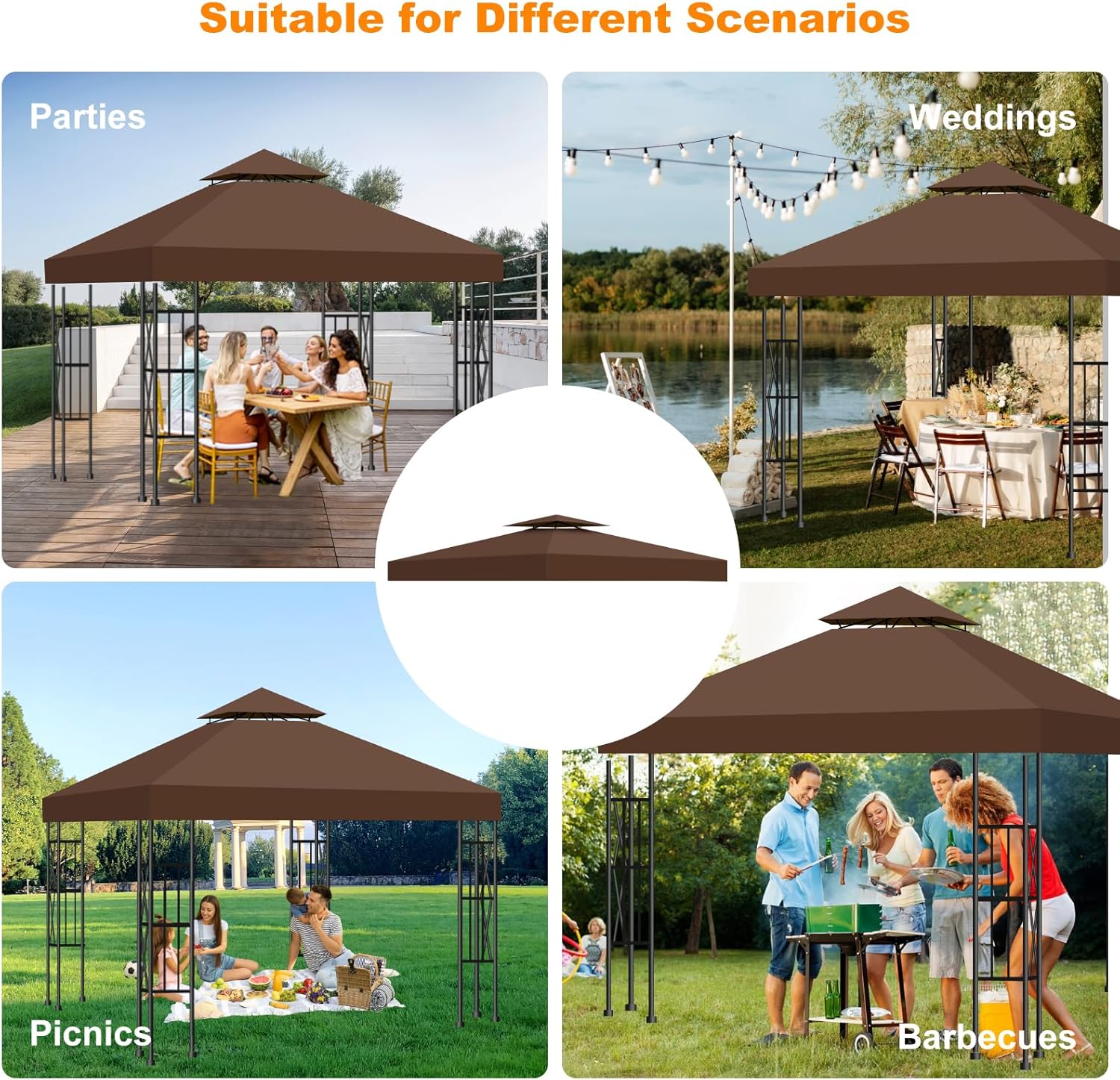 10x10 Canopy Replacement Top Cover Canopy Top Replacement Double Layer Vented Sunshade Cover Fits Standard 10'x10' Outdoor Gazebo Frame for Backyard/Patio/Garden Waterproof UV Resistant (Brown)