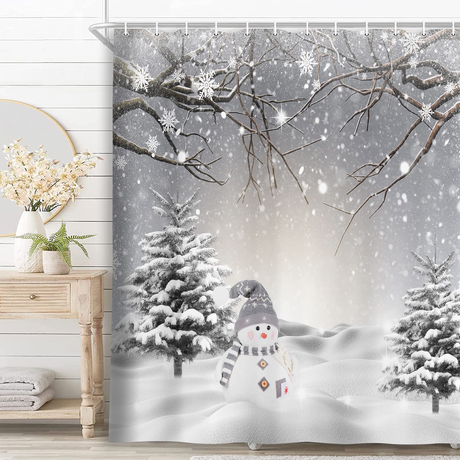 ABONAN Duschvorhang Mit Schneeflocken-Muster - Grau-gold, Weihnachtsdesign, 180x180 Cm, Inkl. 12 Haken, Aus Polyester