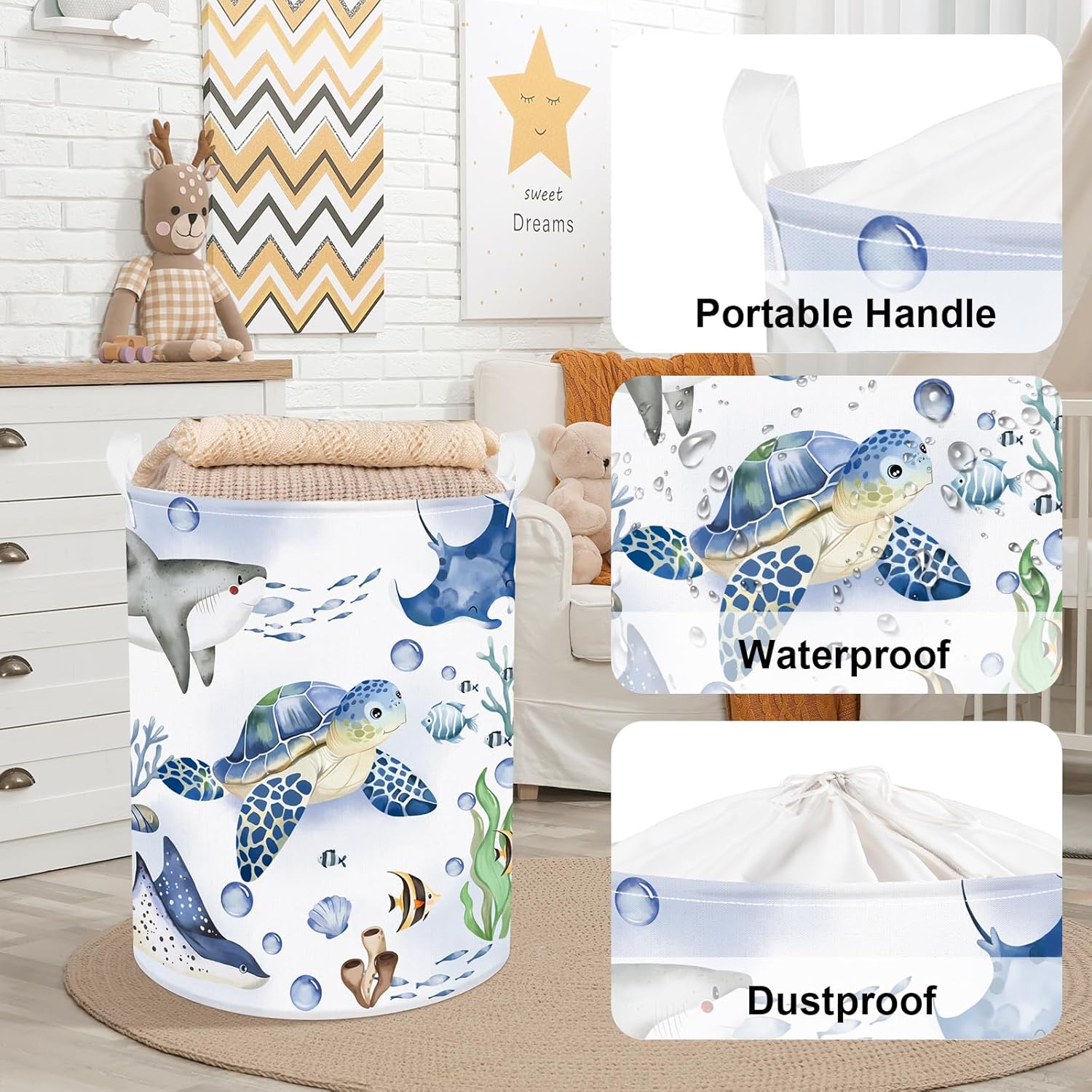 Clastyle Fish Sea Turtle Baby Basket Ocean Coral Seaweed Starfish Toy Book Shelf Basket Waterproof Pool Toy Beach Towel Storage Bin Large Dirty Clothes Laundry Hamper, Shark, 36 * 45 cm