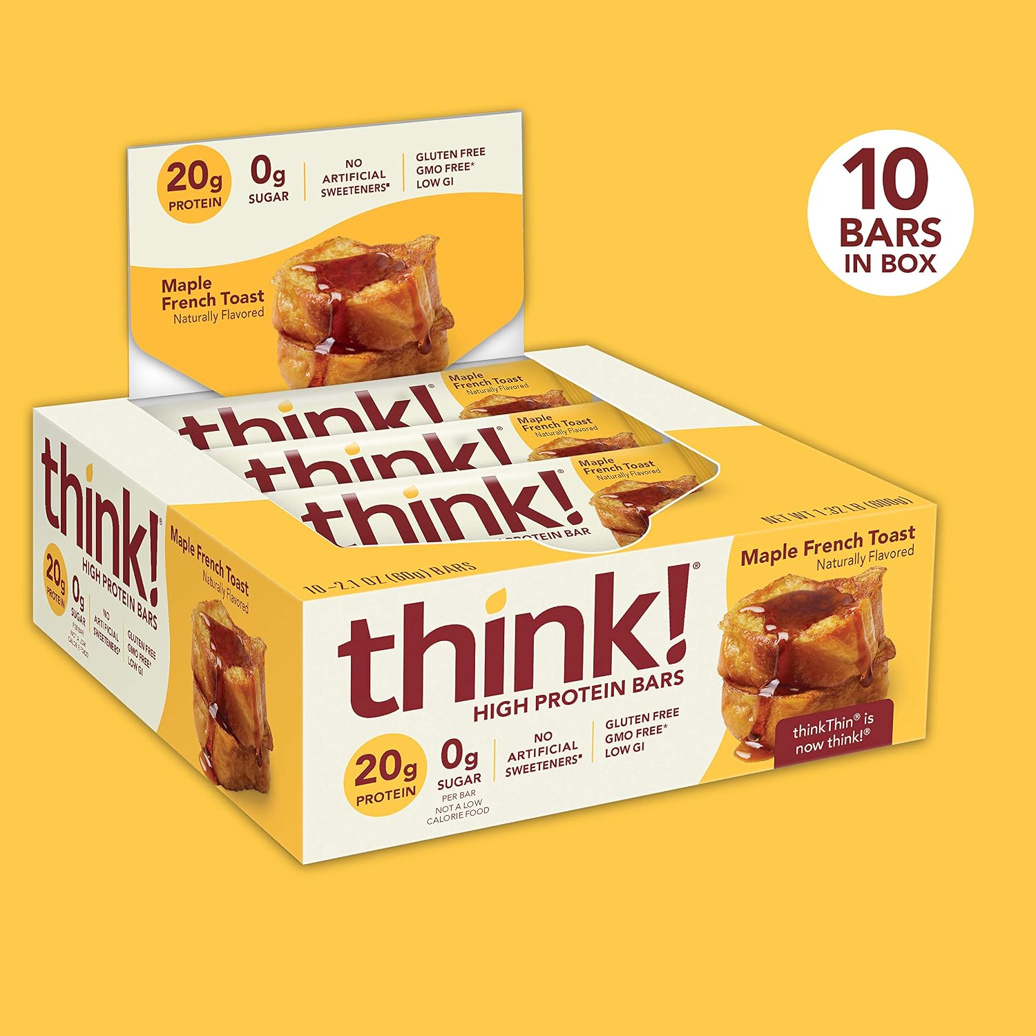 think! Protein Bars, High Protein Snacks, Gluten Free, Sugar Free Energy Bar with Whey Protein Isolate, Maples French Toast, Nutrition Bars without Artificial Sweeteners, 2.1 Oz (10 Count)
