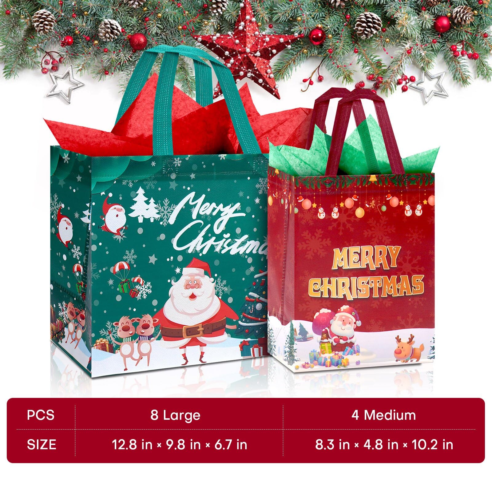 12 Weihnachtstüten Mit Seidenpapier – Wiederverwendbare Geschenktaschen In 2 Größen Für Festliche Verpackungen