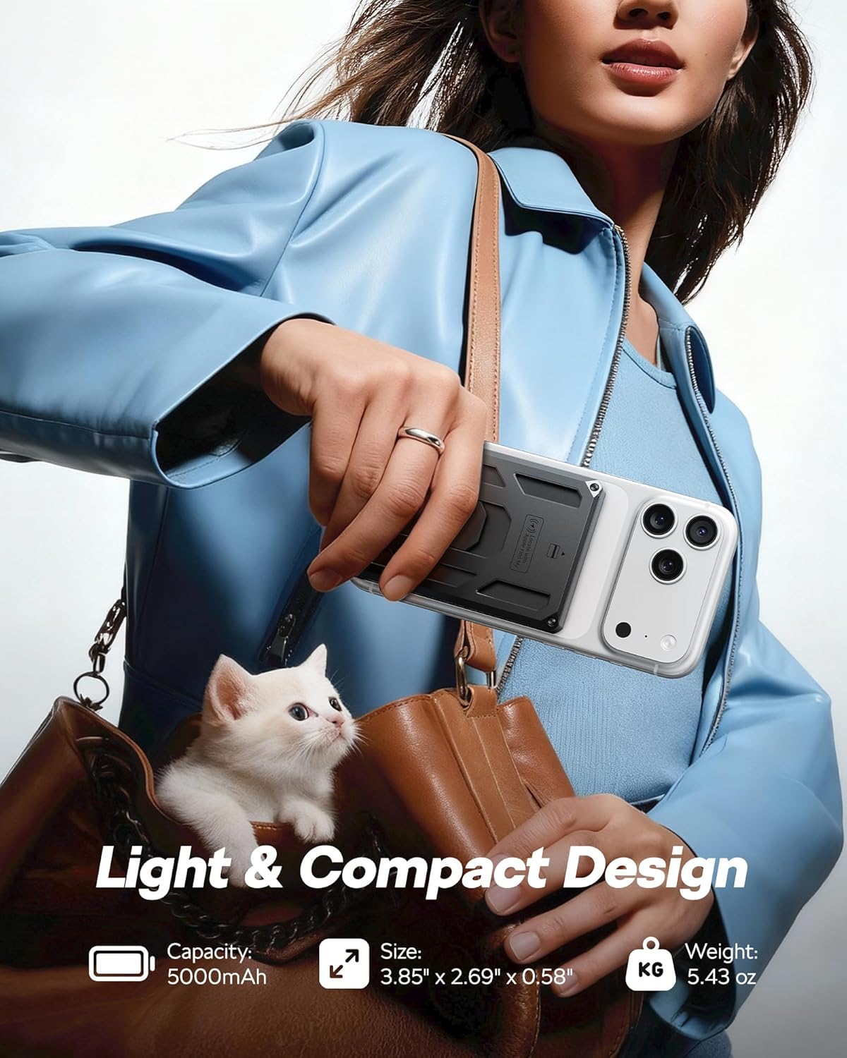 Image showing the VEGER W0582 Portable Charger next to a smartphone, highlighting its compact size and dimensions: 3.85 x 2.69 x 0.58 inches and 5.43 ounces weight.