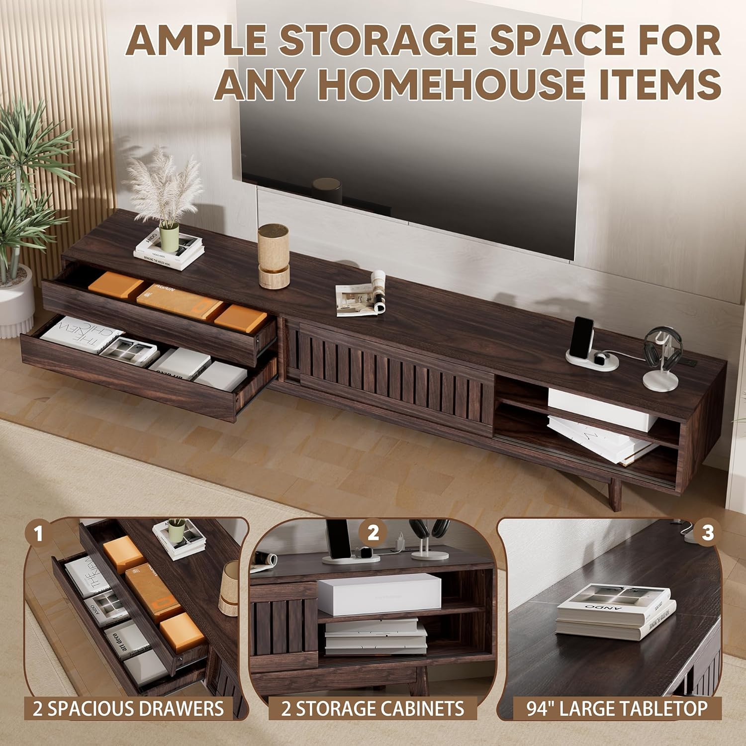 Mid Century Modern TV Stand for 100 Inch TVs, 94.5" Entertainment Center with Storage & Power Outlet, Media Console w/Drawers and Sliding Door, Television Stands for Living Room, Walnut