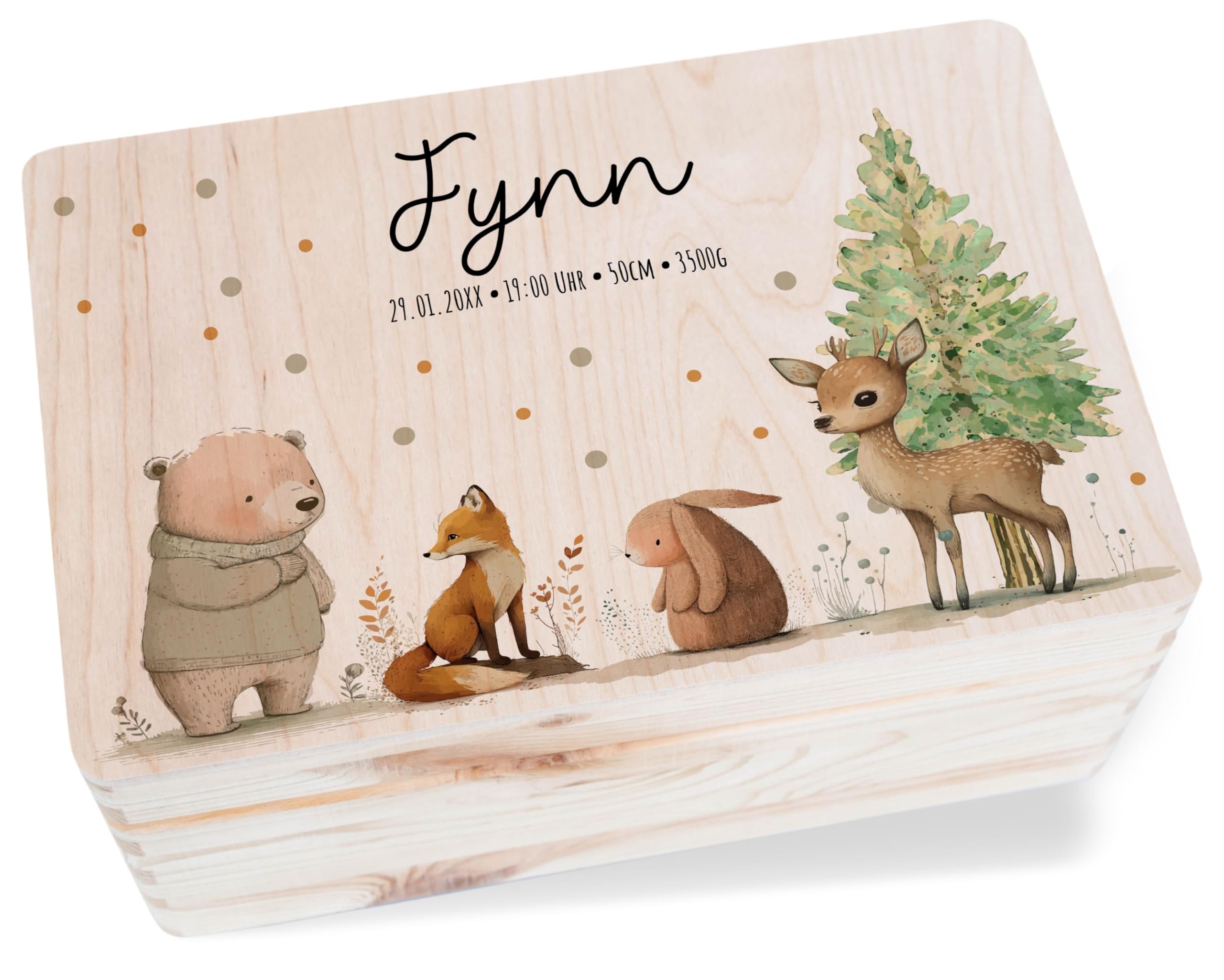 Holz Geschenkbox - Tiere - Baby Geschenk Erinnerungsbox Waldtiere | Holzkiste zur Geburt personalisiert mit Name Datum Größe Uhrzeit - 30 x 20 x 14 - Holz - originelle geschenke für babys