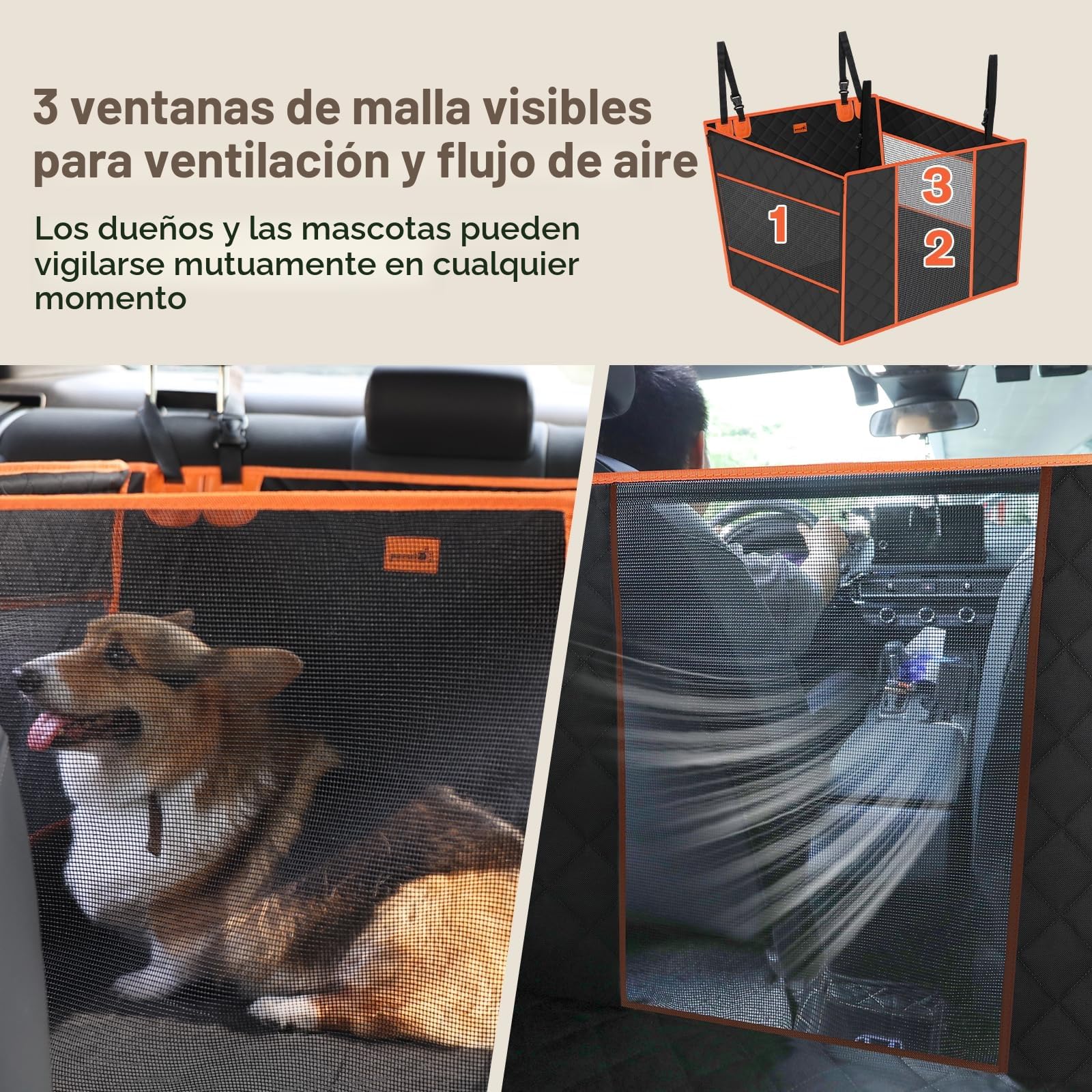 Pecute Asiento de Coche XL 70 x 61 x 55 cm para Perros Medianos y Grandes, Reforzado con 4 Correas de Fijación