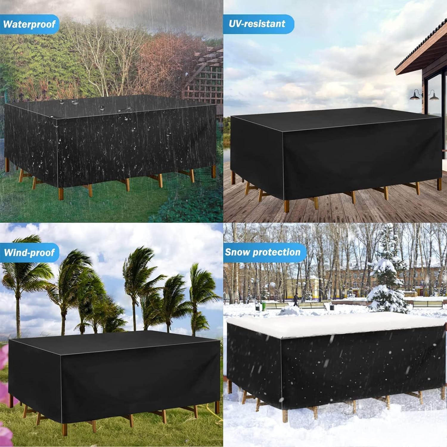 RICHIE Housse de meubles de jardin imperméable en tissu Oxford 420D, 300 x 300 x 90 cm, pour table de jardin, terrasse, table de terrasse, imperméable, anti-UV, en rotin