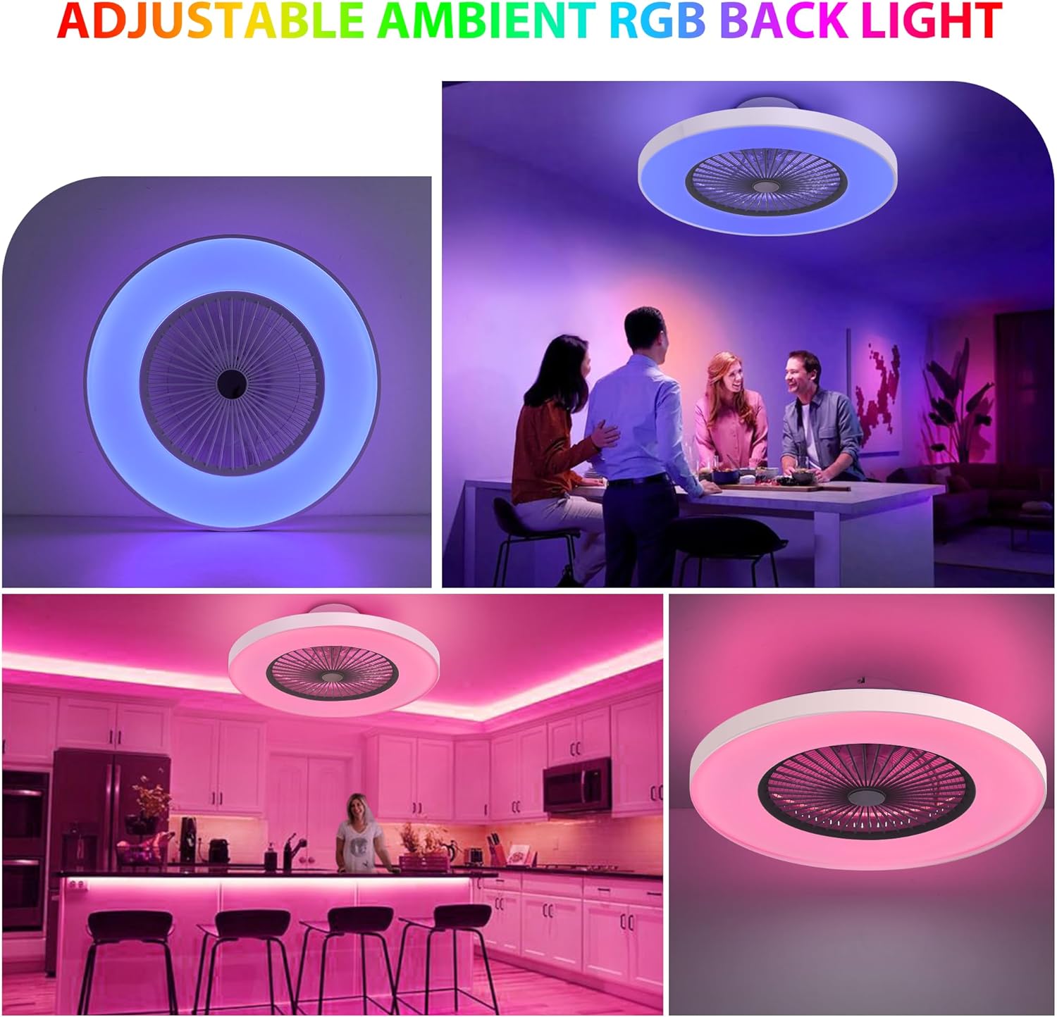 24" Bladeless Ceiling Fan with Light, Smart Low Profile Ceiling Fan with Dimmable Lights,Remote/APP Control, Enclosed Flush Mount Fan Light for Kid's Bedroom & Living Room