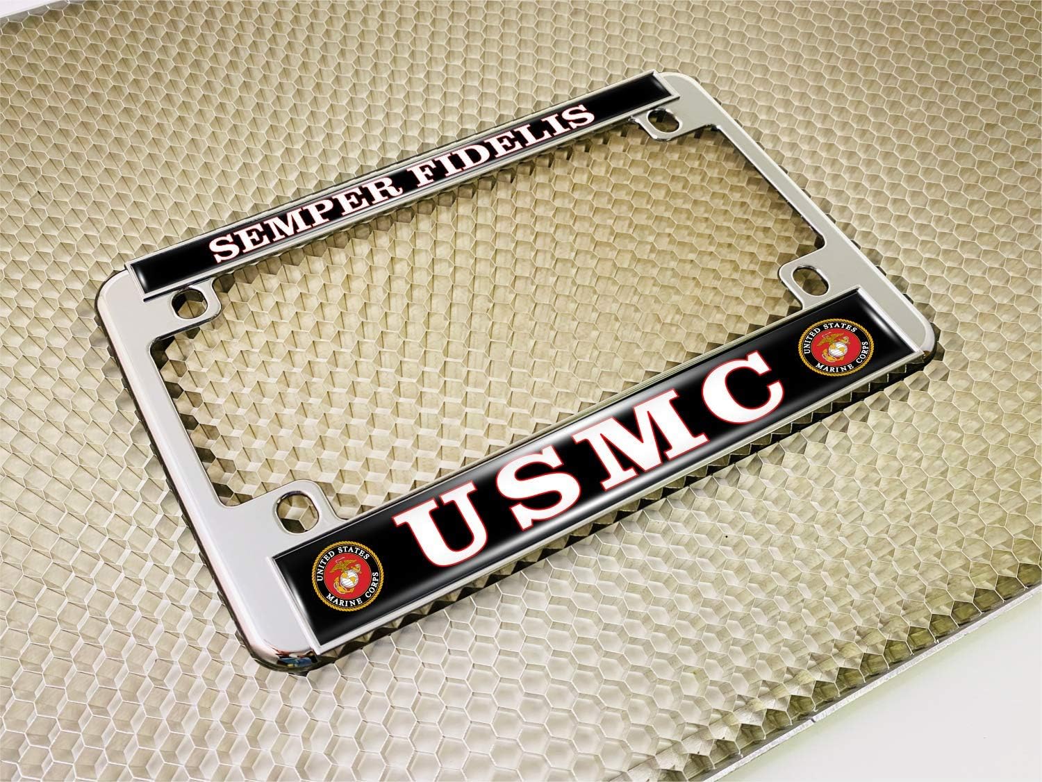 [Officially Licensed US Marine Corps Product] - Motorcycle Domed Custom-Made Personalized Metal License Plate Frame Frame with USMC Semper Fidelis Design - Chrome