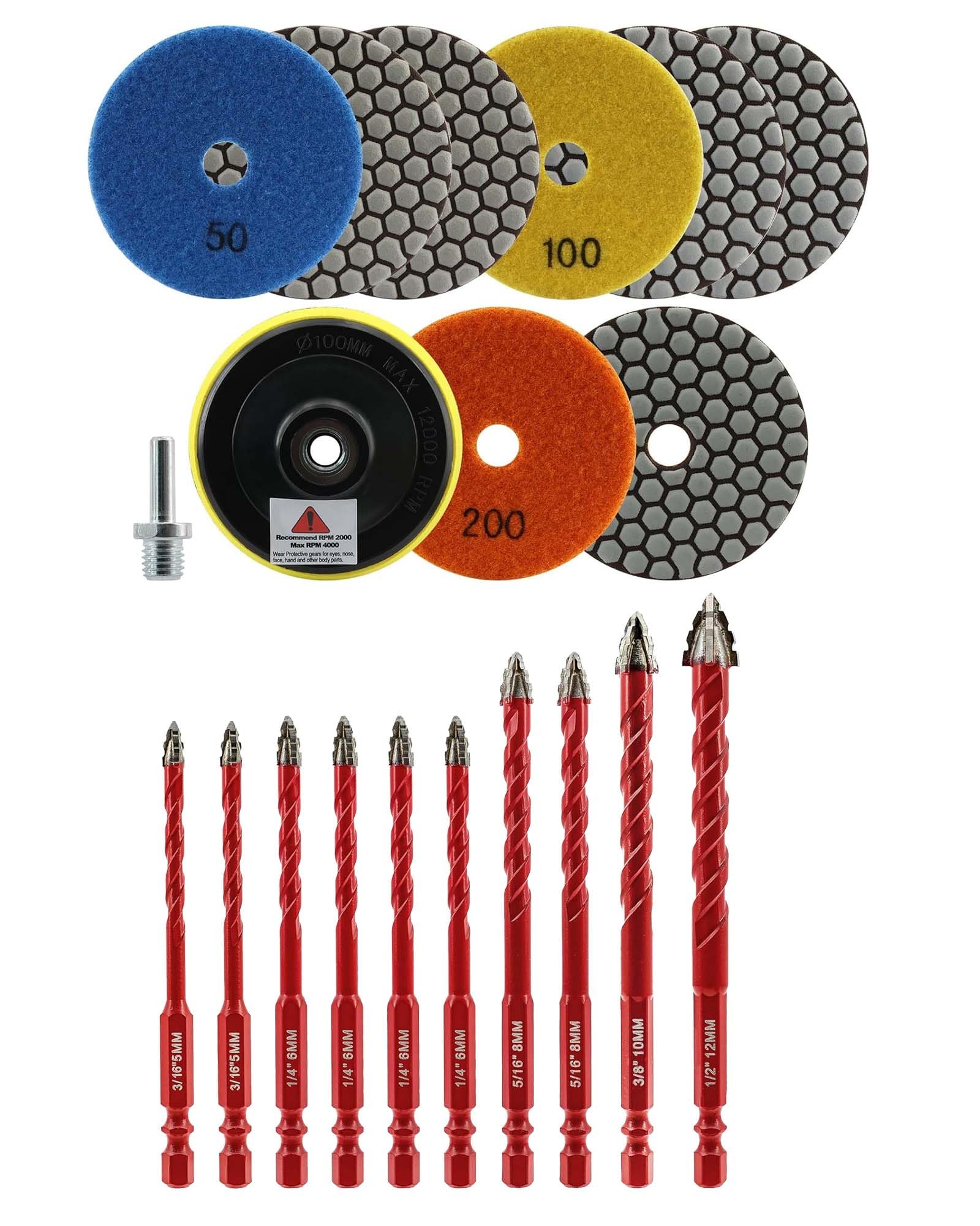 FOCSTOL Juego Brocas Seco 10 piezas 5/6/8/10/12mm Juego Brocas Carburo con Cambio Rápido Mango Hexagonal y Almohadilla de Pulido Diamante 8 piezas 100mm (#50x3+#100x3+#200x2)