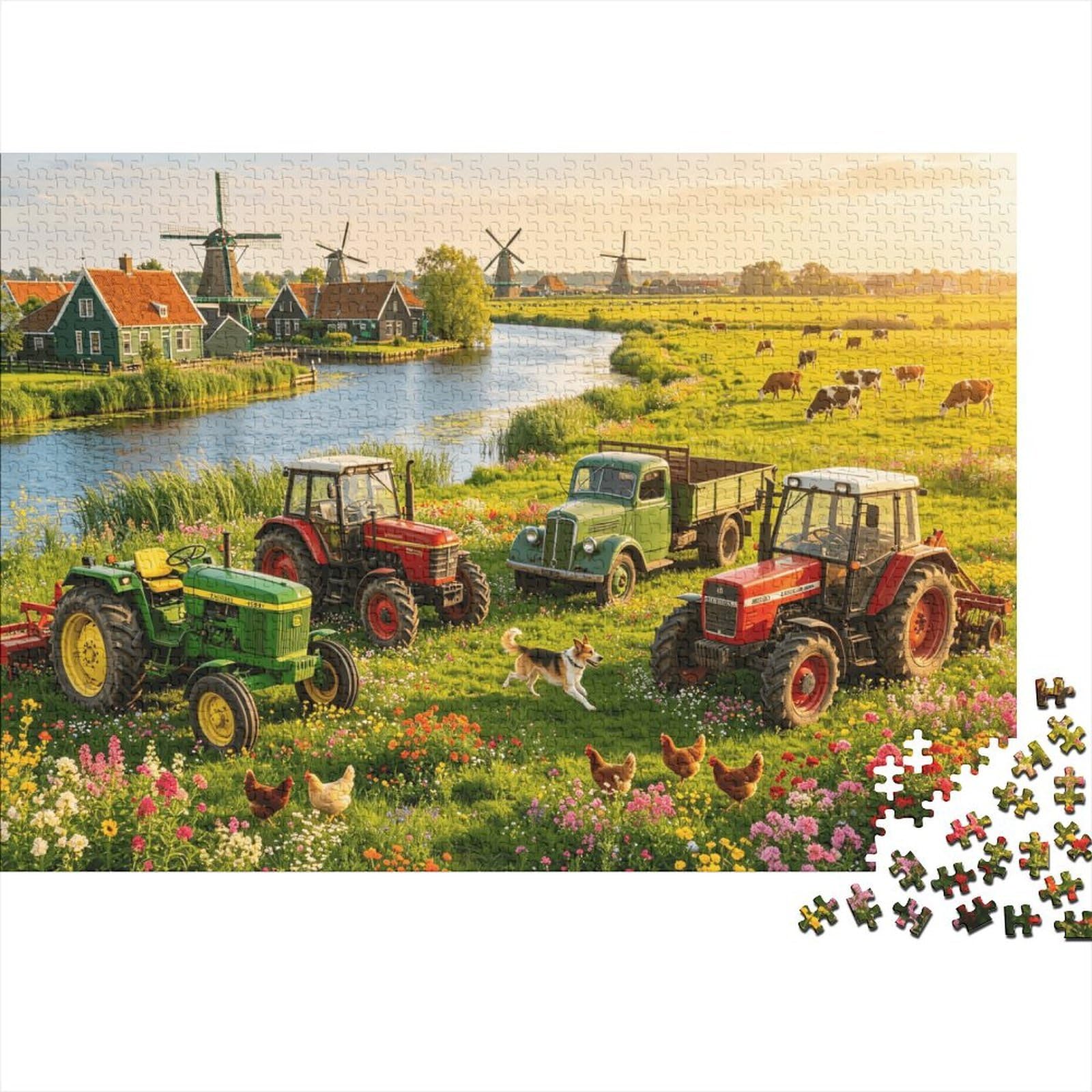 Dutch Windmill Jigsaw Puzzle 1000 Pieces Recycled Paper Rural Farm Machinery Puzzles for Elderly Educational Game Decompression Relieve Senile Dementia Gift 38x26cm/1000pcs