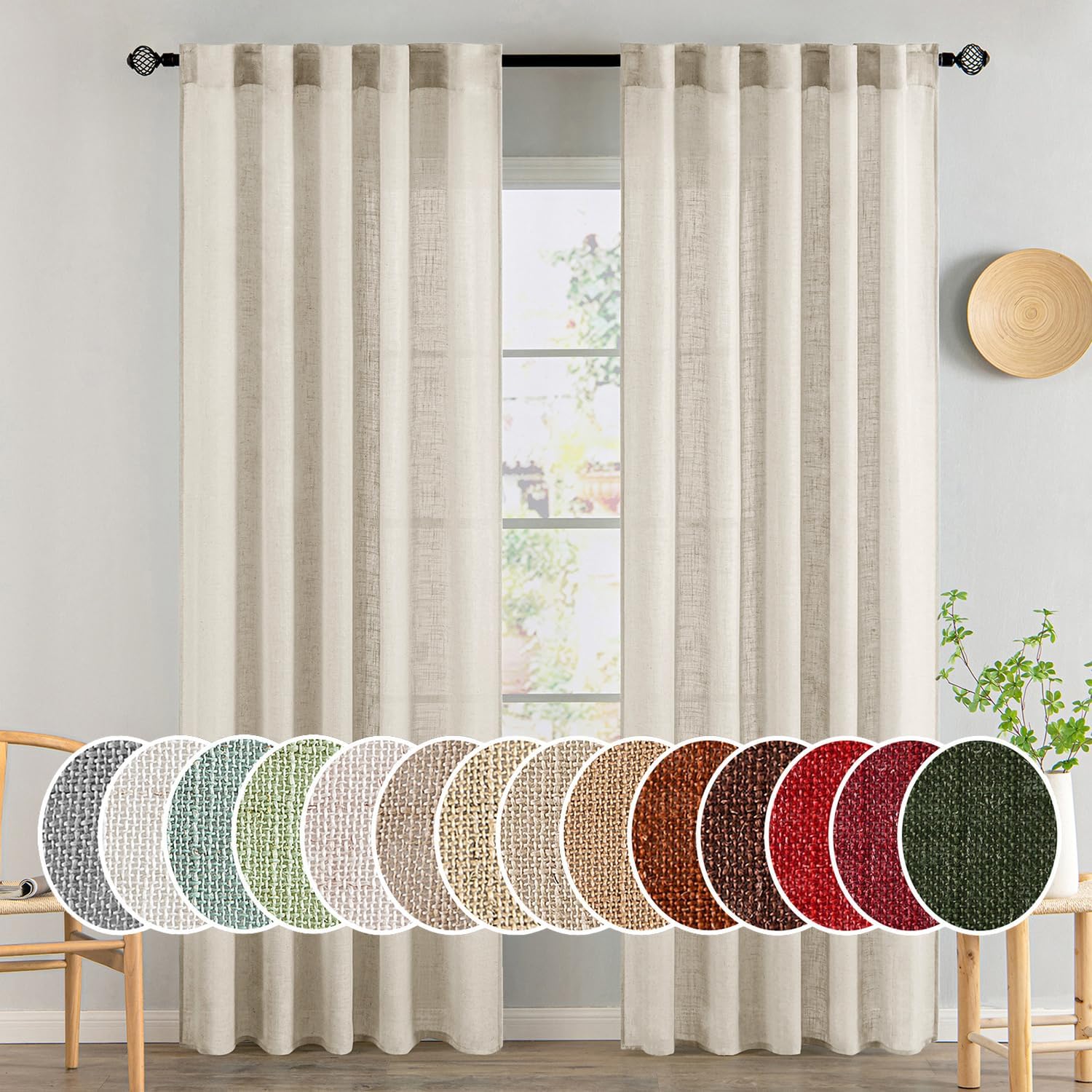 MIULEE Cream Linen Curtains 84 Inch Length 2 Panels for Bedroom Living Room, Soft Linen Textured Window Drapes Semi Sheer Light Filtering Back Tab Rod Pocket Farmhouse Modern Burlap Look Decor