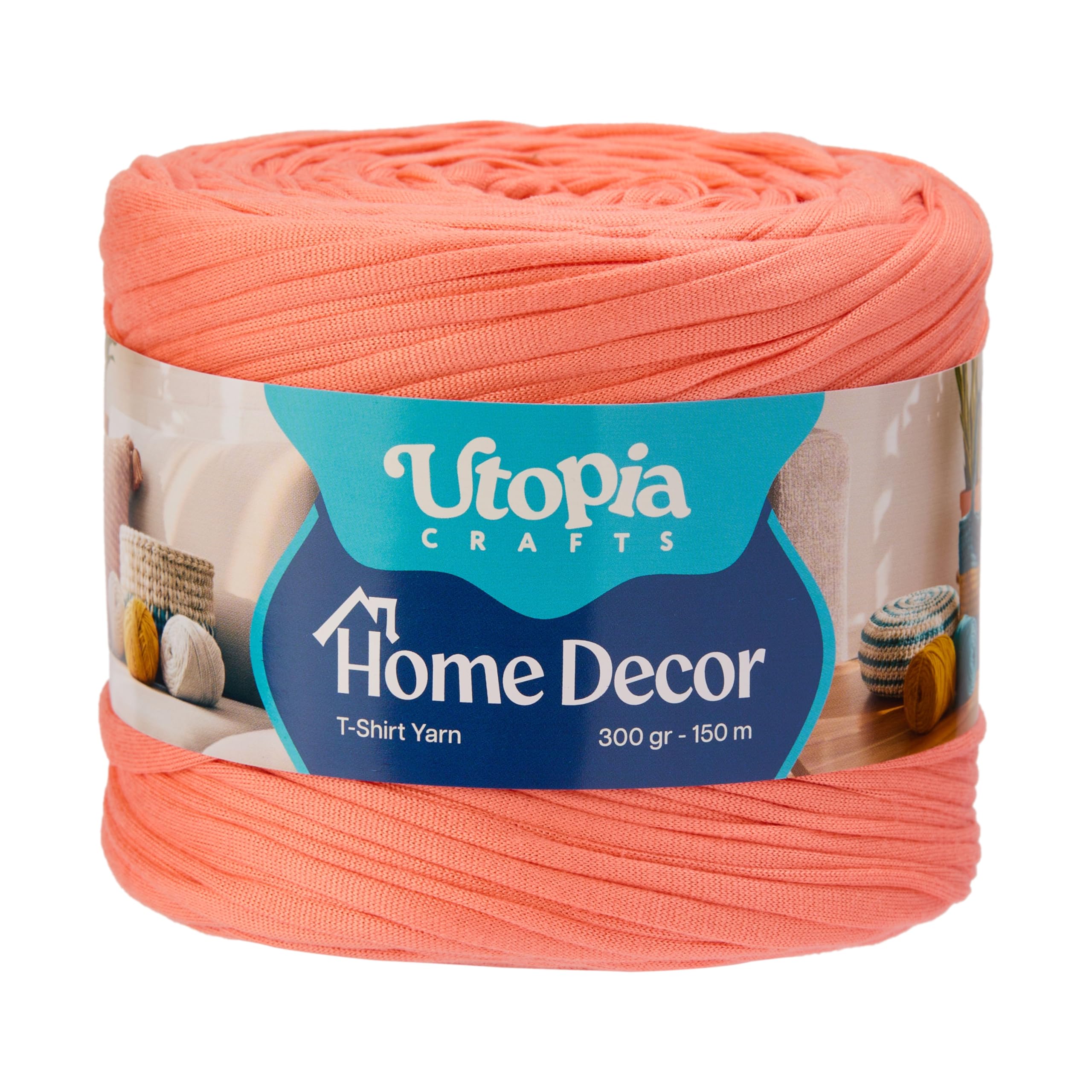 Utopia Crafts Home Decor T-Shirt Yarn for Crocheting, 300g Thick Soft Elastic Ribbon Yarn for Crochet Baskets Bags Rugs, Textile Fabric Yarn for Beginners, Home Decor, 5-7mm Hook (Peach Coral)