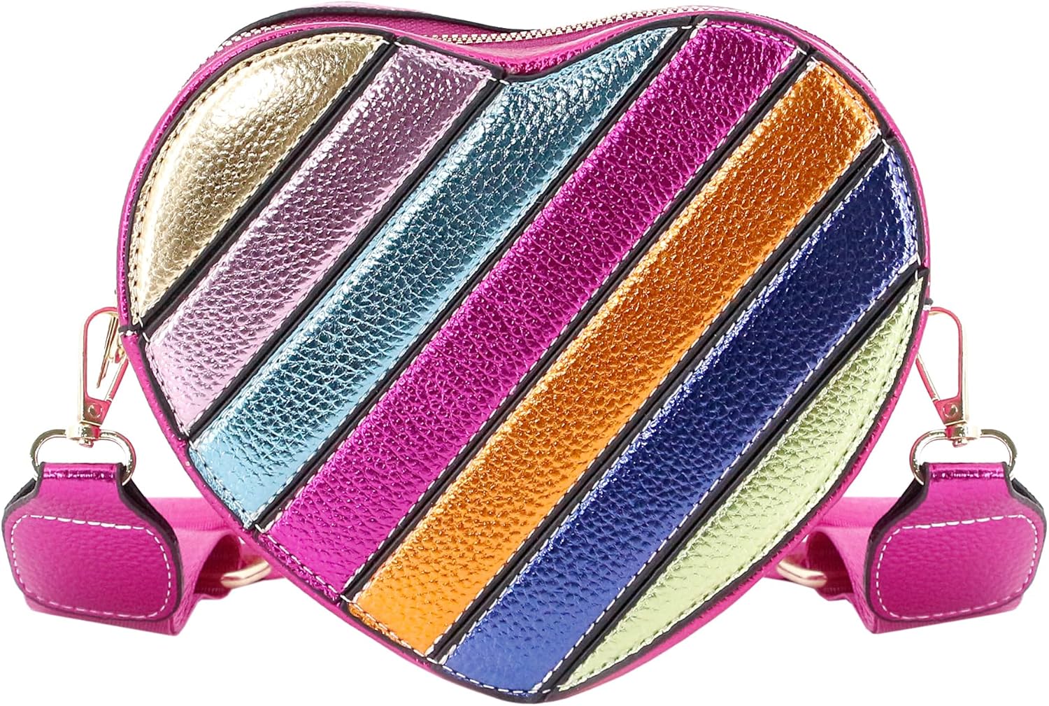 Naimo Womens Heart Shape Bag Rainbow Stripe Purse Crossbody Bags PU Leather Metallic Shoulder Chain Bag