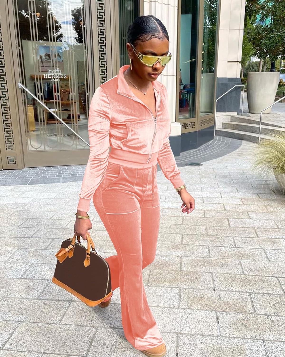 Women Velour Sweat Suits 2 Piece Outfits Tracksuits Long Sleeve Zip Up Jacket Flare Pants Cute Casual Matching Suit - Image 4