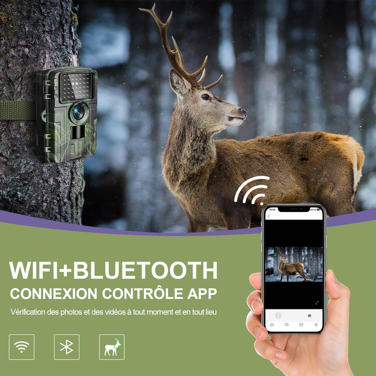 Camera de Chasse, Camera Chasse WiFi 4K/60MP Full HD, Détecteur de Mouvement, Vision Nocturne, Temps de Déclenchement de 0,1S, Caméra IR Pour Animaux Sauvages avec Carte SD 32GB & Lecteur de Cartes