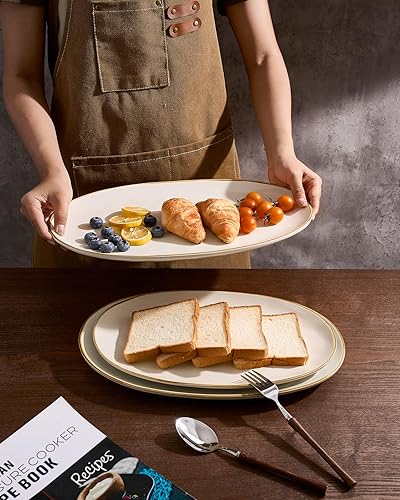 Miniatura 6 de Famiware Juego de platos y cuencos redondos oceánicos, juegos de vajilla de 15 piezas para 4, 3 platos ovalados para servir, color blanco vainilla