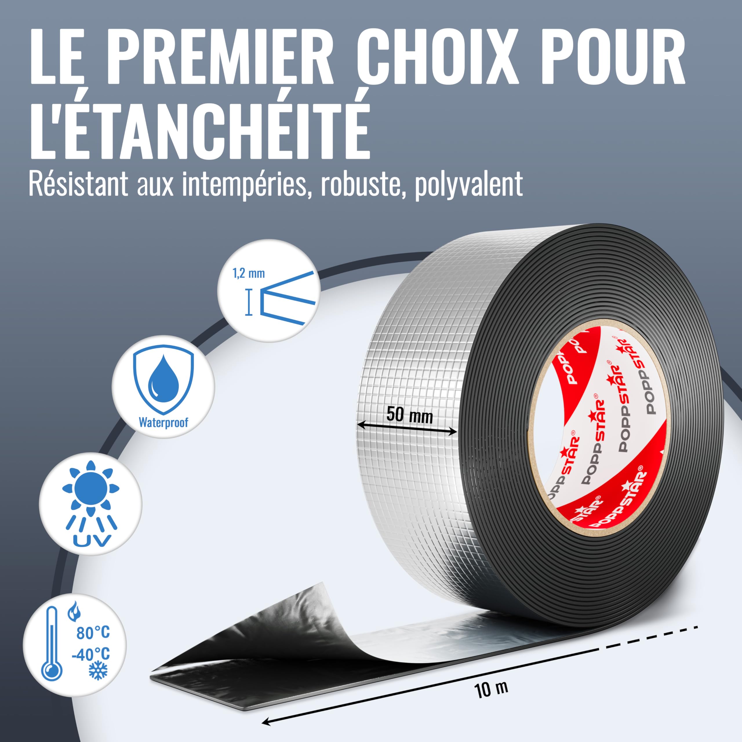 Poppstar Ruban Adhésif en Alu-butyle 5cm 10m Super Étanche Extérieur