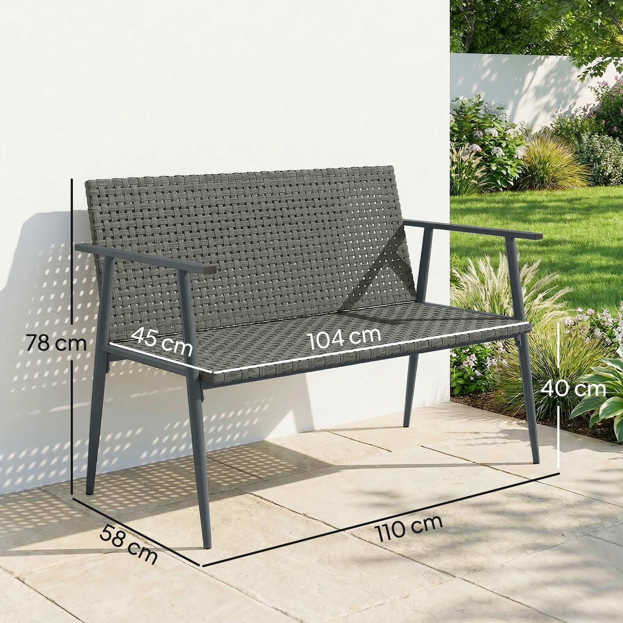 Outsunny Panca da Giardino a 2 Posti in Resina Intrecciata PE con Braccioli, Schienale e Gambe Regolabili, Struttura in Acciaio Zincato, Grigio