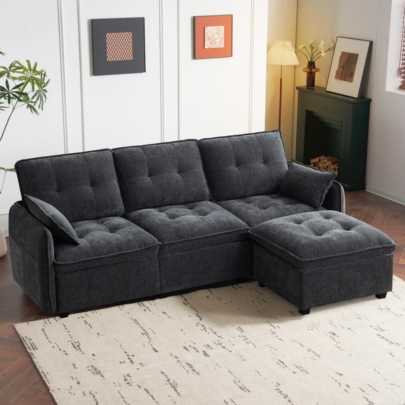 PALLOME 96" Modular L-Shaped Sofa - 3-Seat Cloud Couch with Movable Ottoman, Extra Deep Seat Sofa Couch with Throw Pillows for Living Room & Small